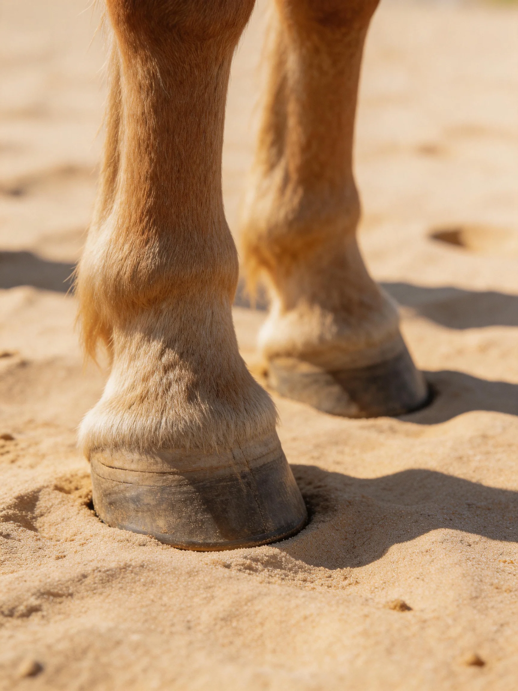 Two brown horse hooves standing firmly in sandy terrain