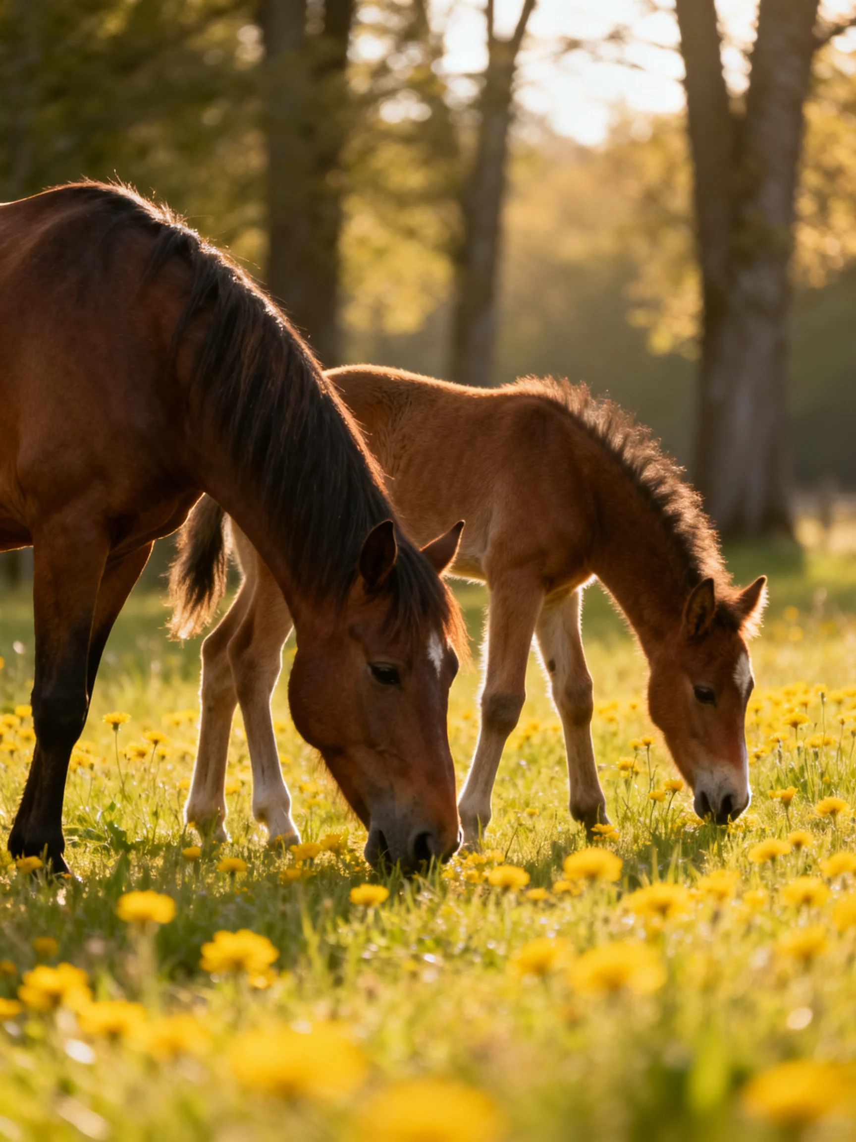 Two brown horses and a foal graze among yellow dandelions in a sunlit wooded area
