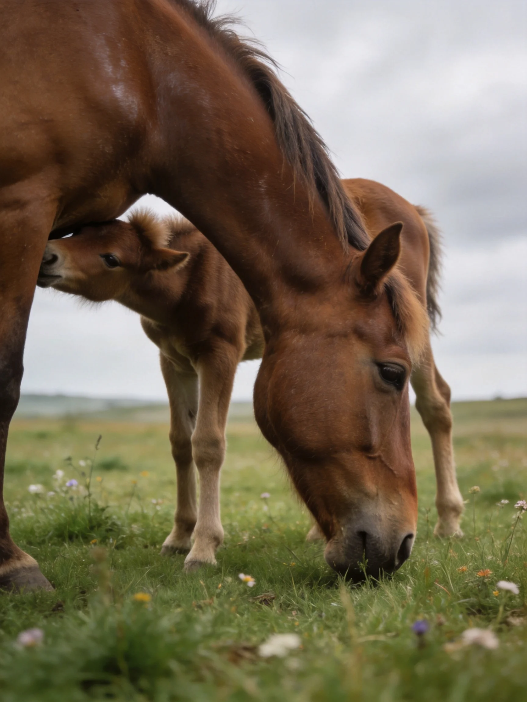 Two brown horses and a foal graze in a wildflower-speckled meadow