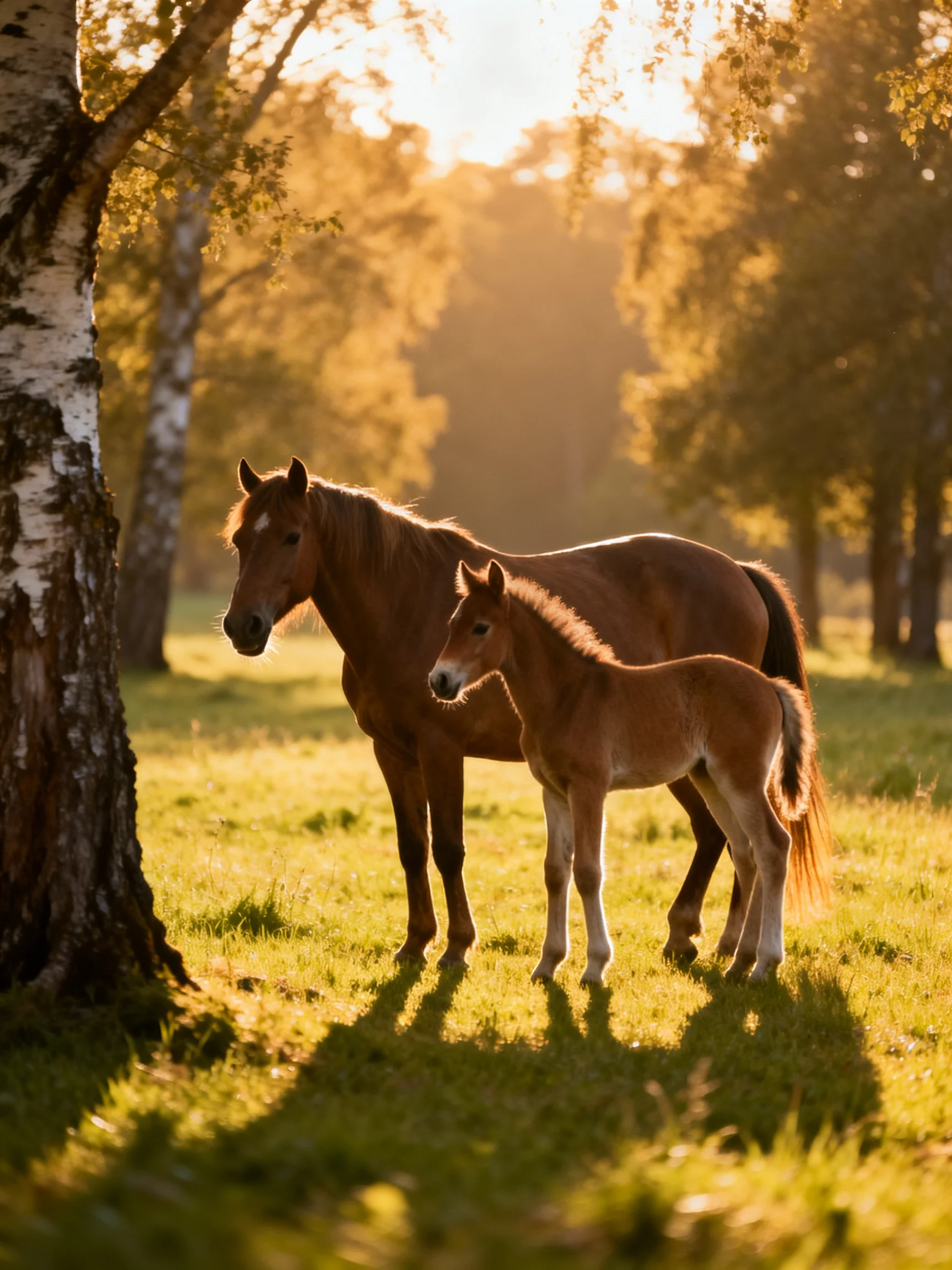 Two brown horses and a foal in a sunlit forest meadow