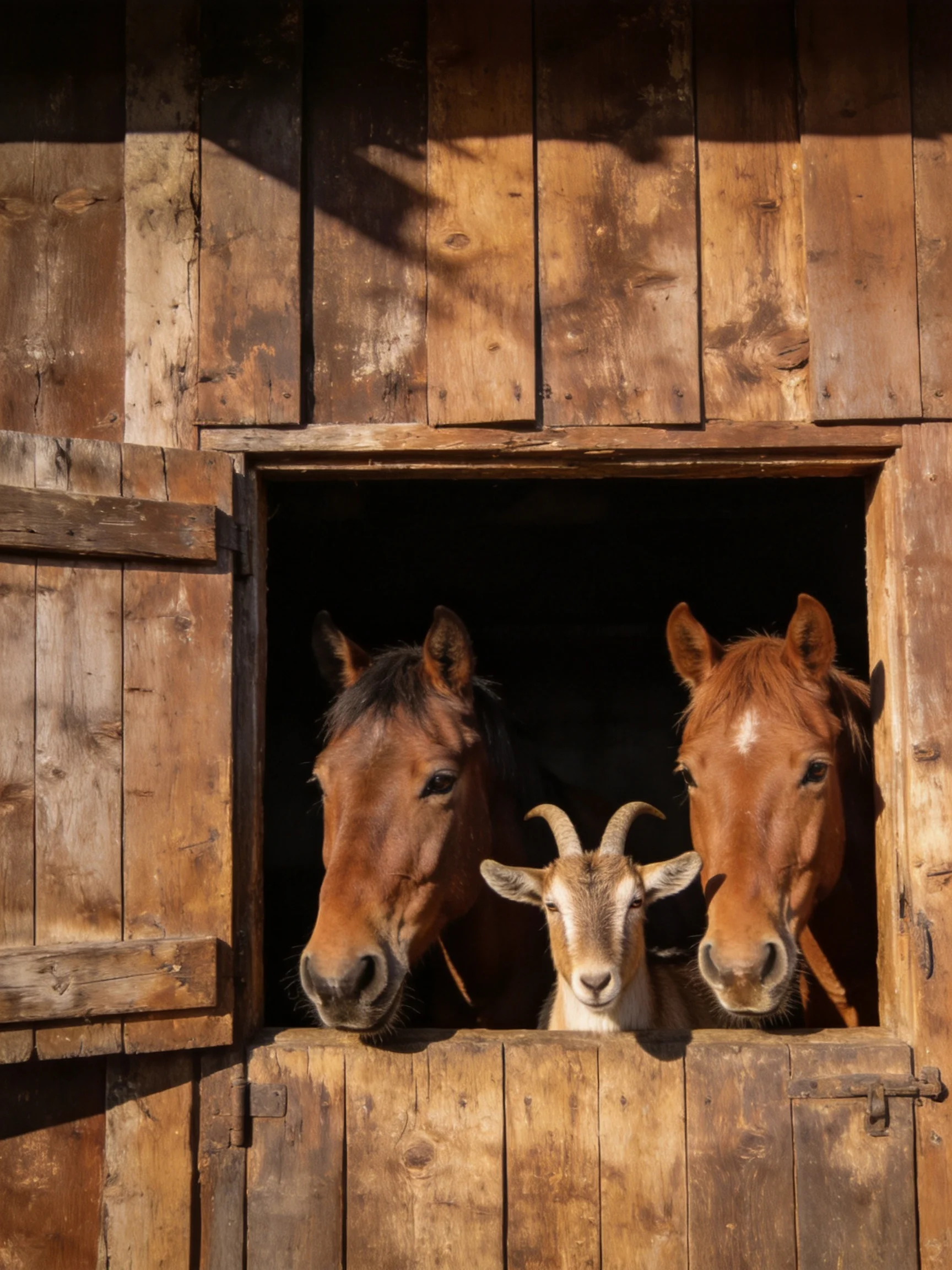 Two brown horses and a young goat peek from an aged wooden stable opening
