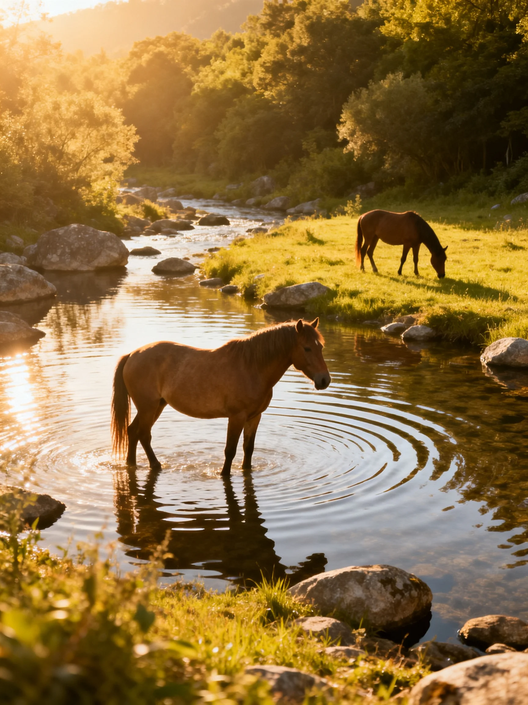 Two brown horses by a sunlit rocky stream with lush greenery