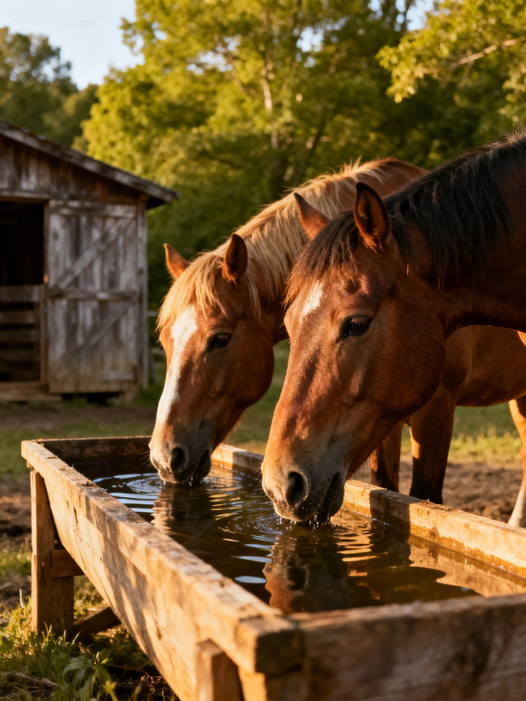 Two brown horses drink from a wooden trough near an old barn