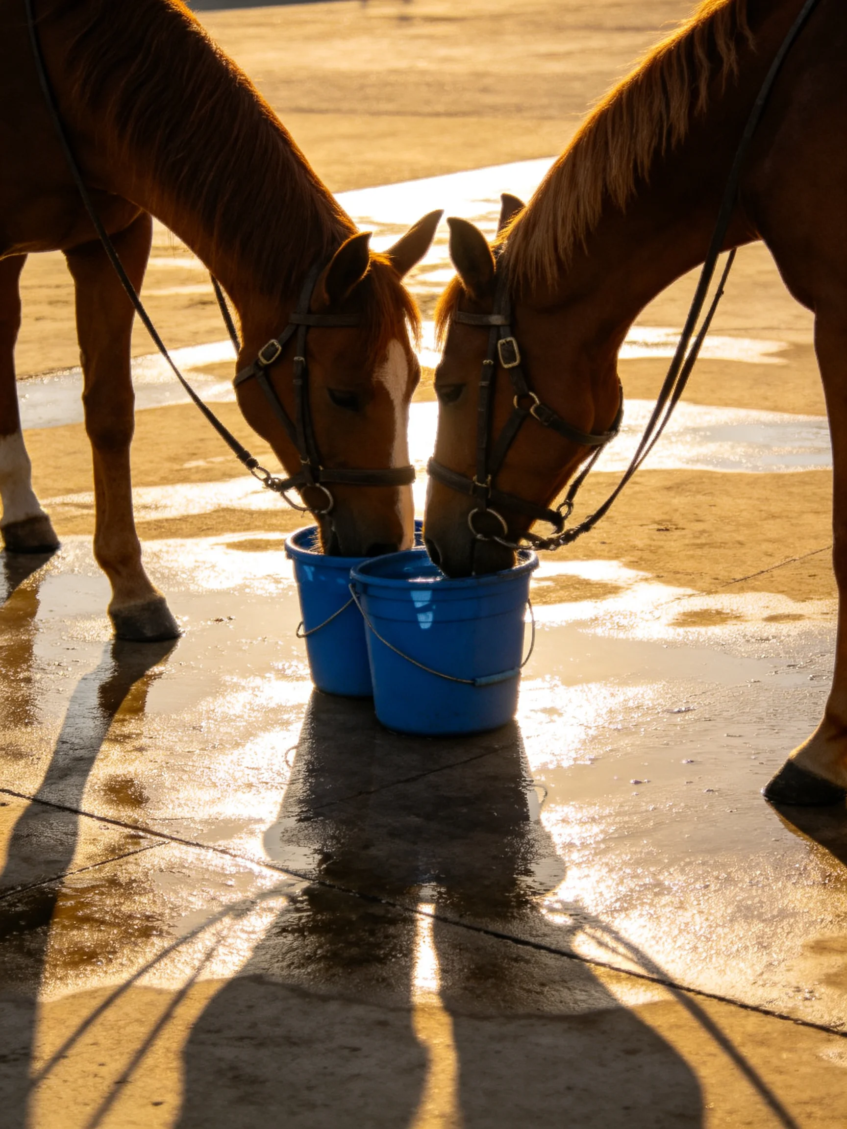 Two brown horses drink from blue buckets on a wet, sunlit surface