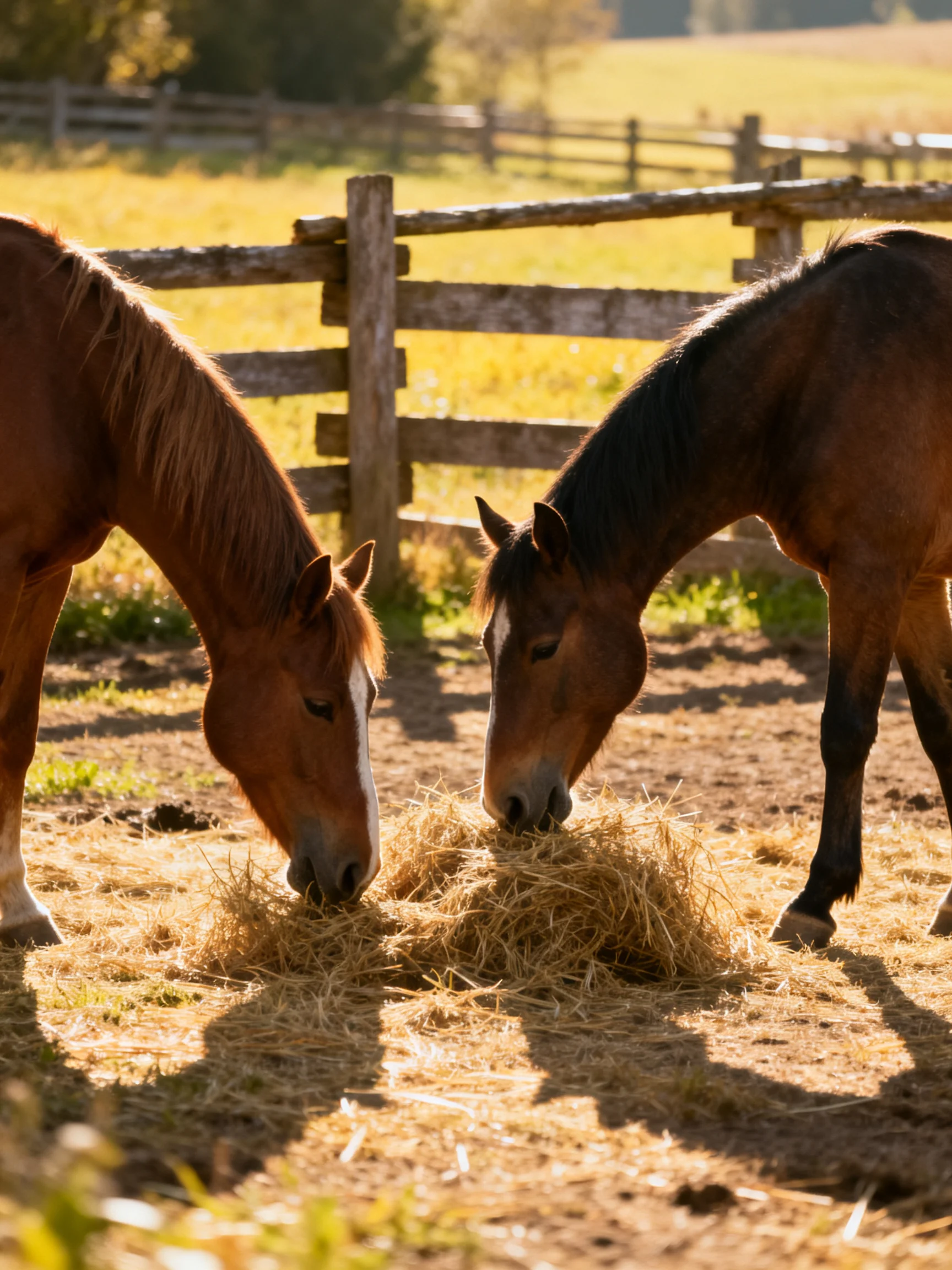 Two brown horses eat golden hay near weathered wooden fences