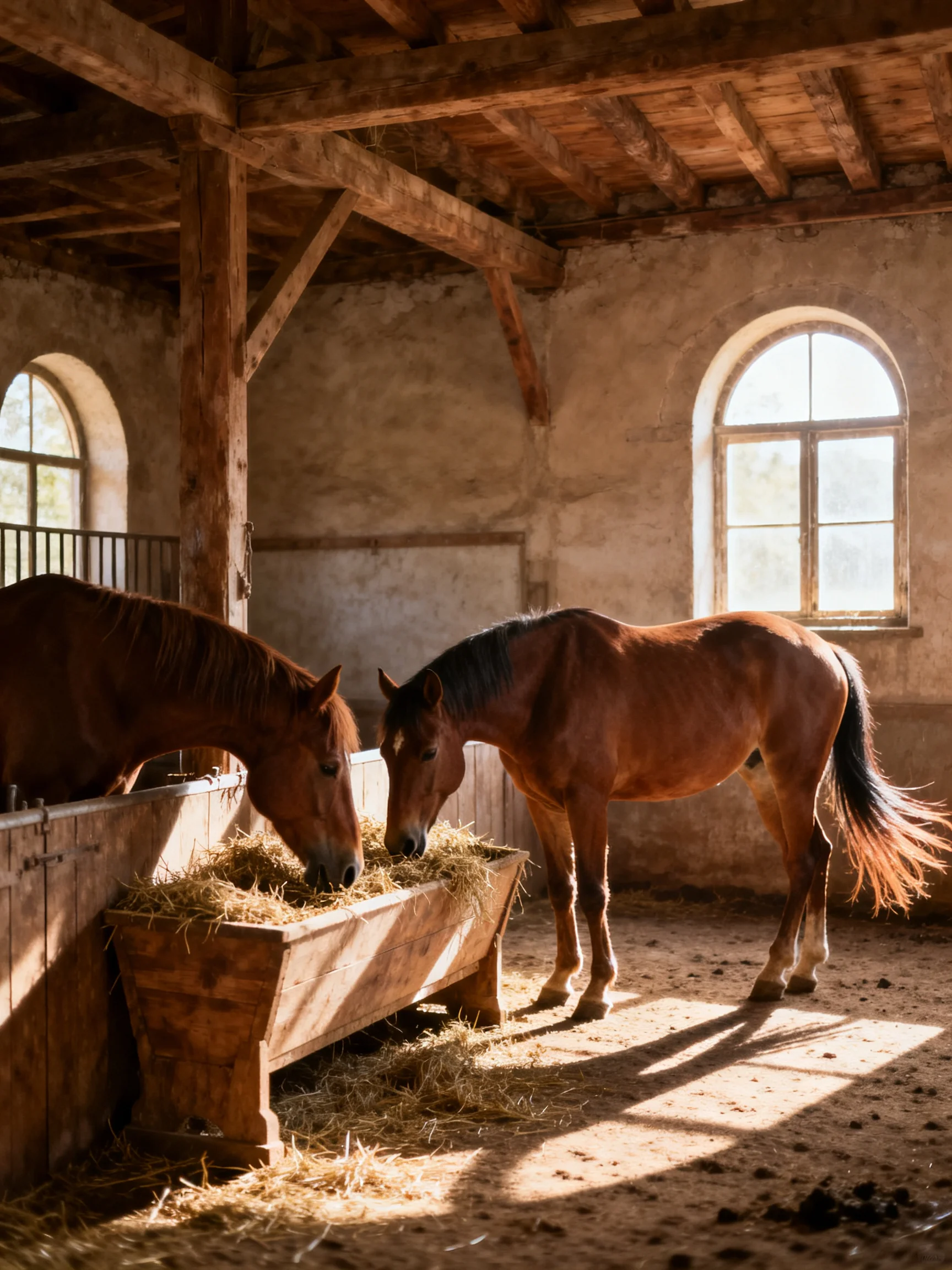 Two brown horses eat hay in a rustic wooden stable