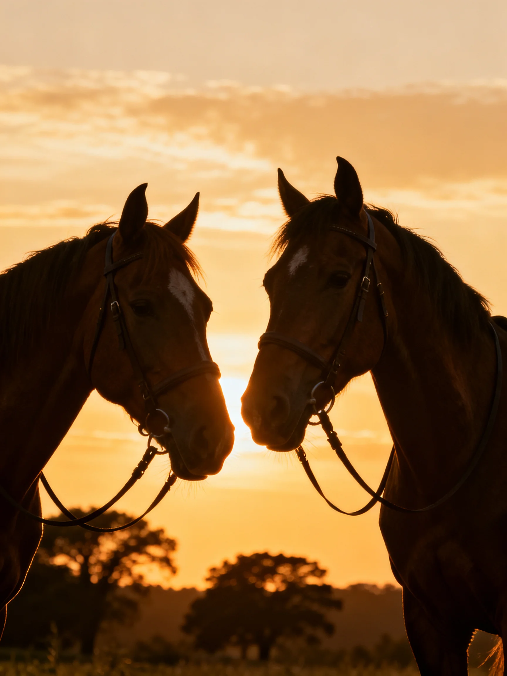 Two brown horses face each other under a golden sunset sky