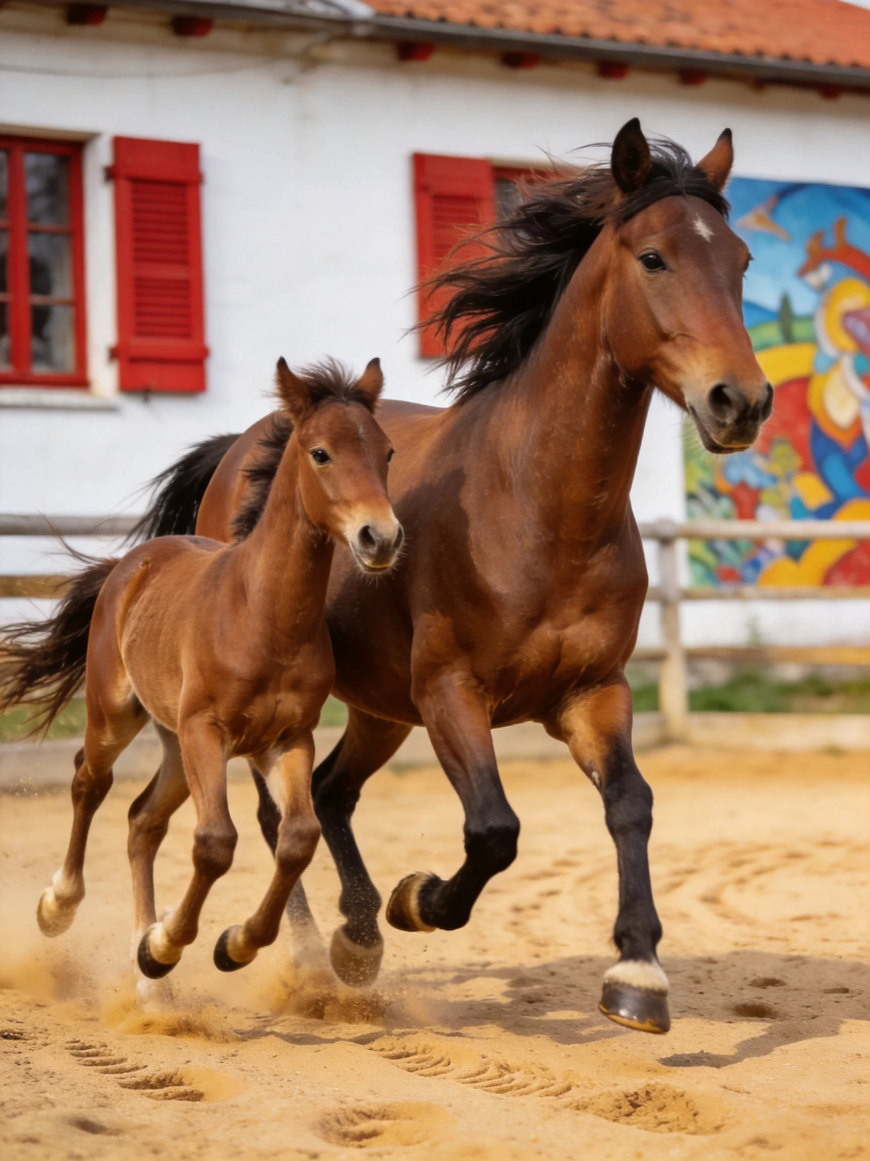Two brown horses gallop near a white building with red shutters