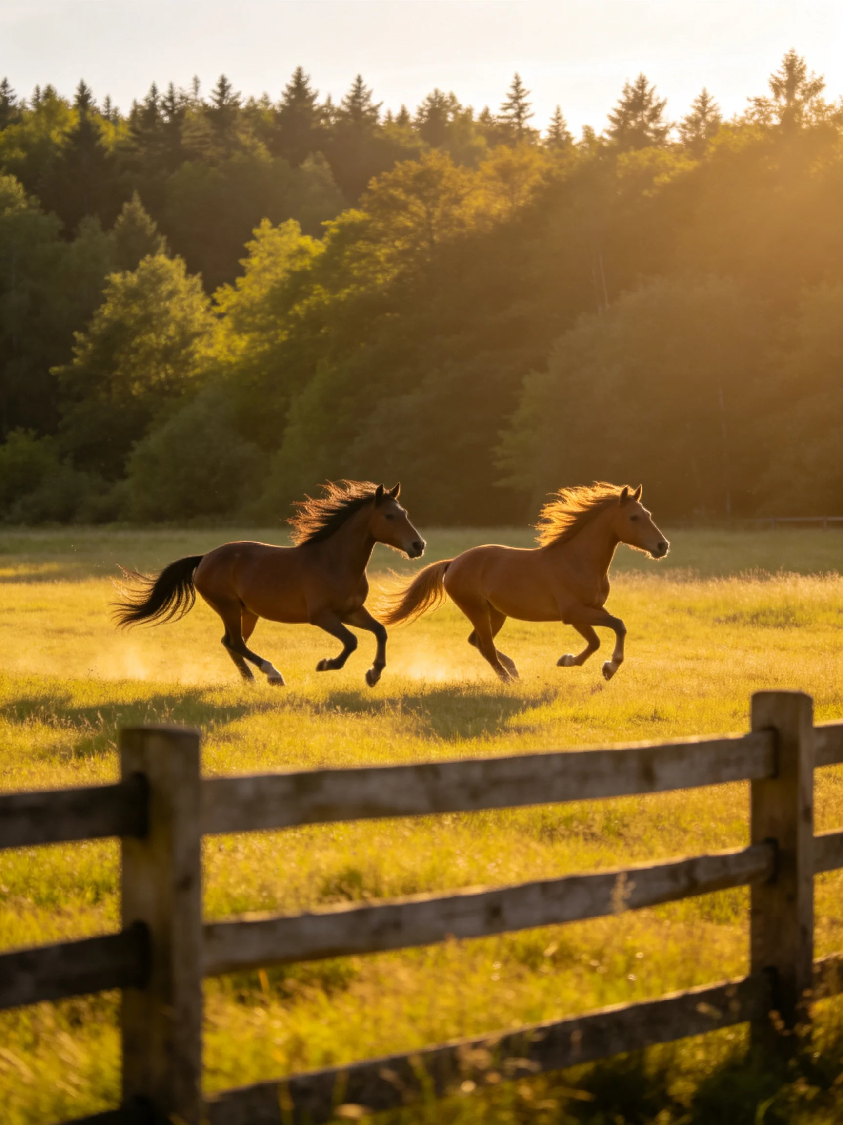 Two brown horses gallop through a golden meadow near a wooden fence