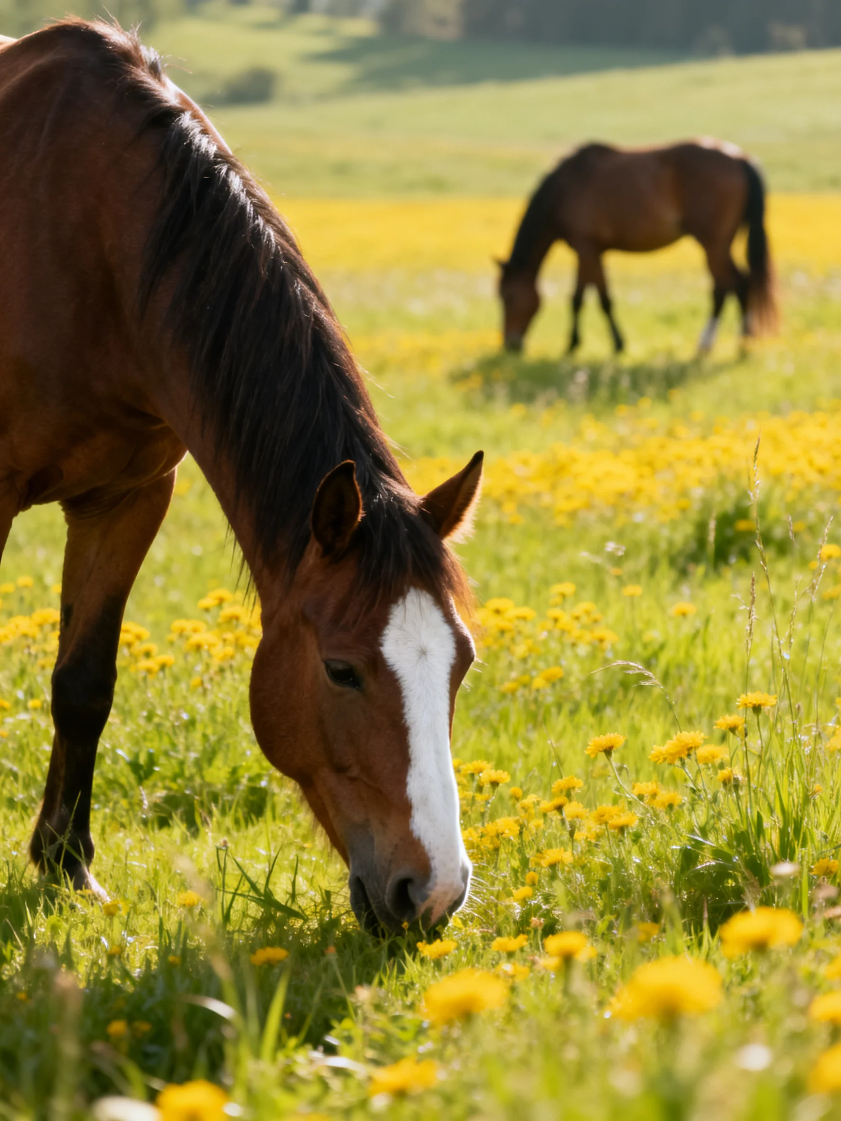 Two brown horses graze in a sunlit meadow with yellow wildflowers.