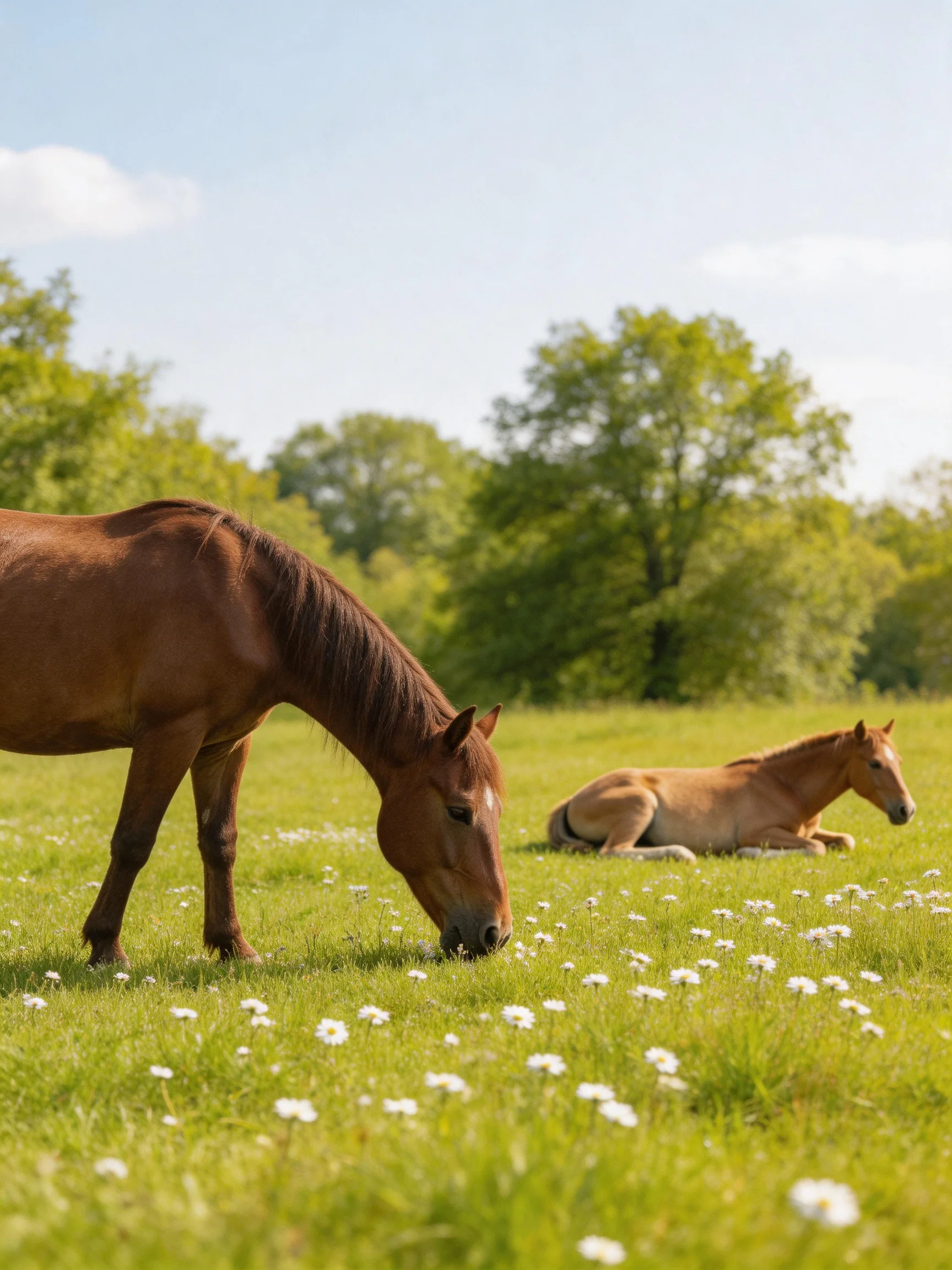 Two brown horses graze and rest in a flowered meadow near green trees