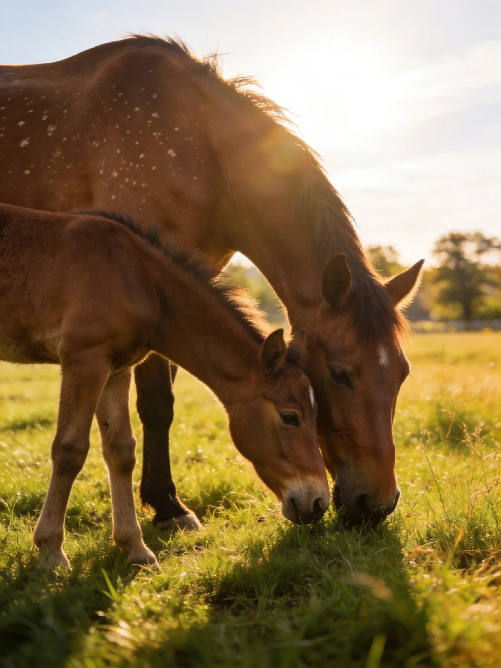 Two brown horses graze closely in a sunlit green pasture
