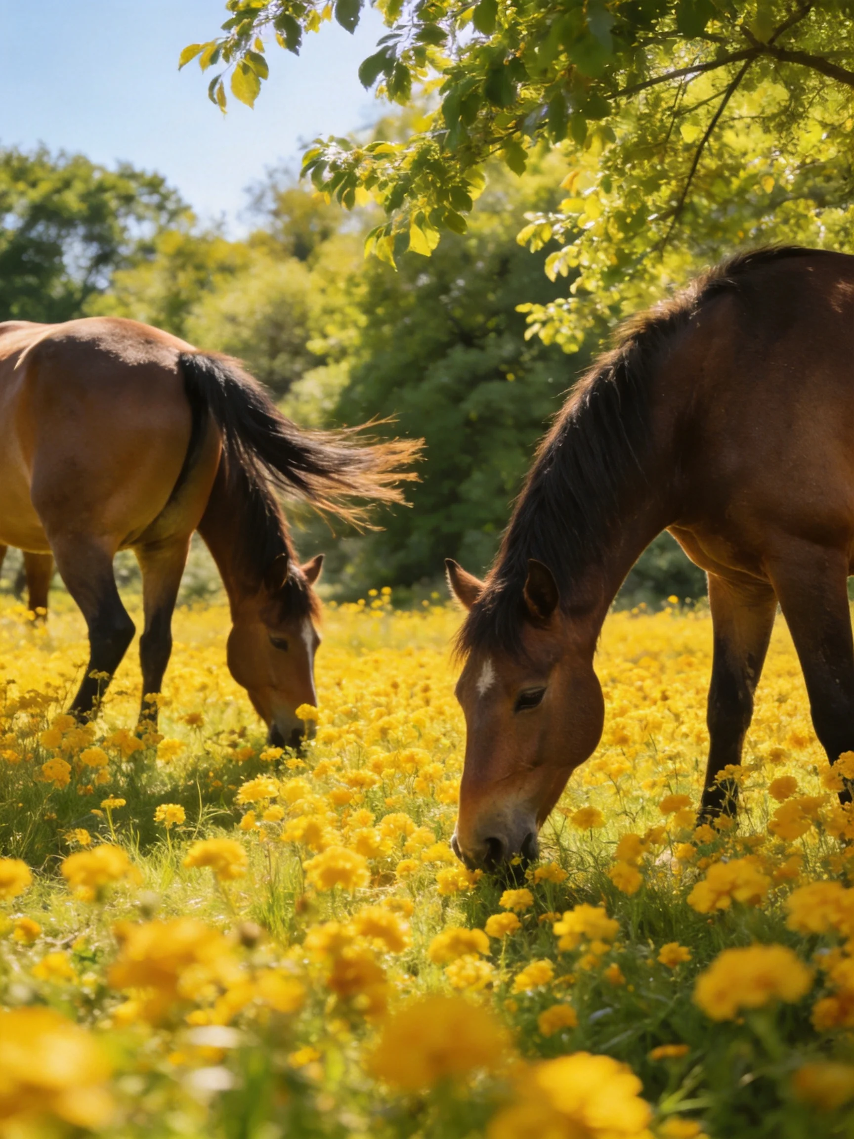 Two brown horses graze in a field of golden-yellow wildflowers