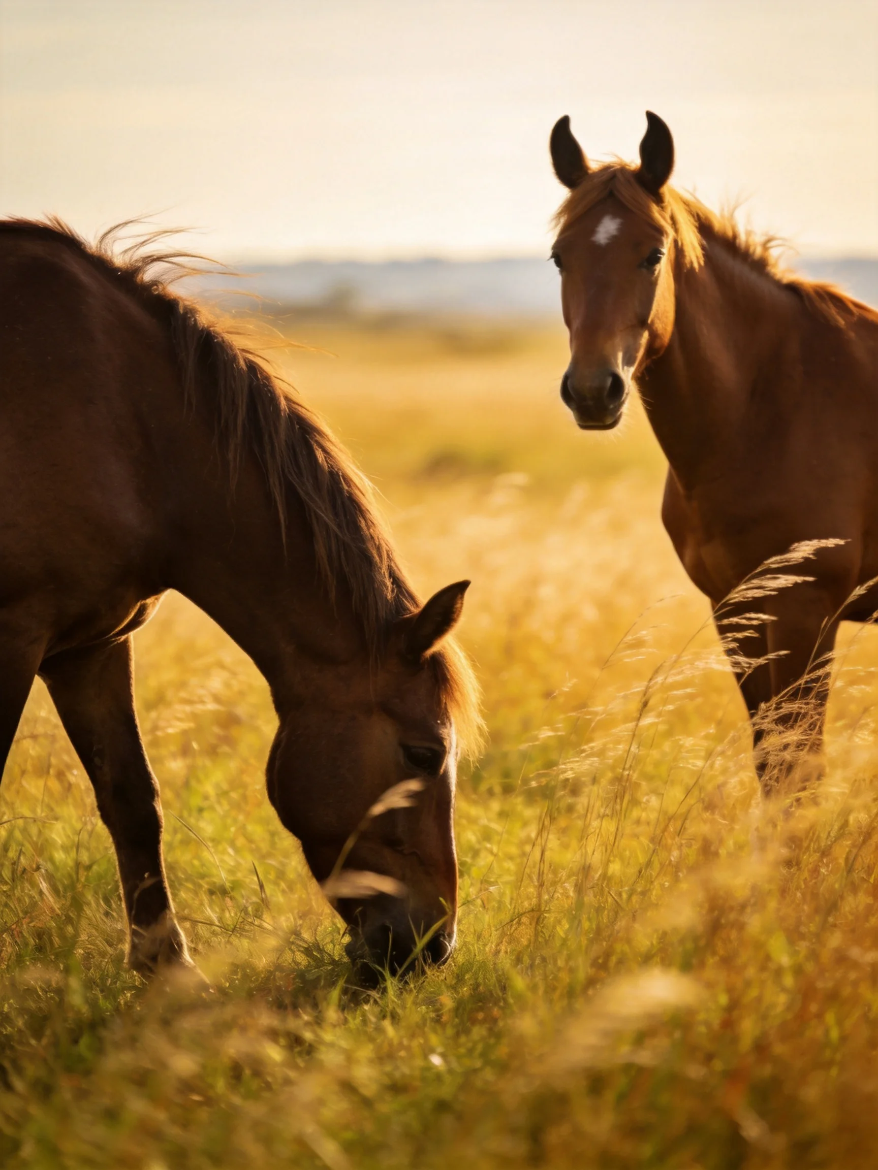 Two brown horses graze in a golden sun-drenched meadow