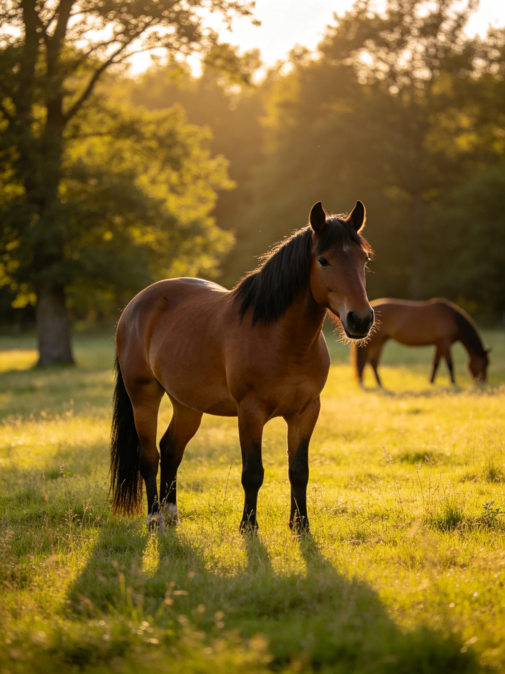 Two brown horses graze in a golden sunlit meadow near trees