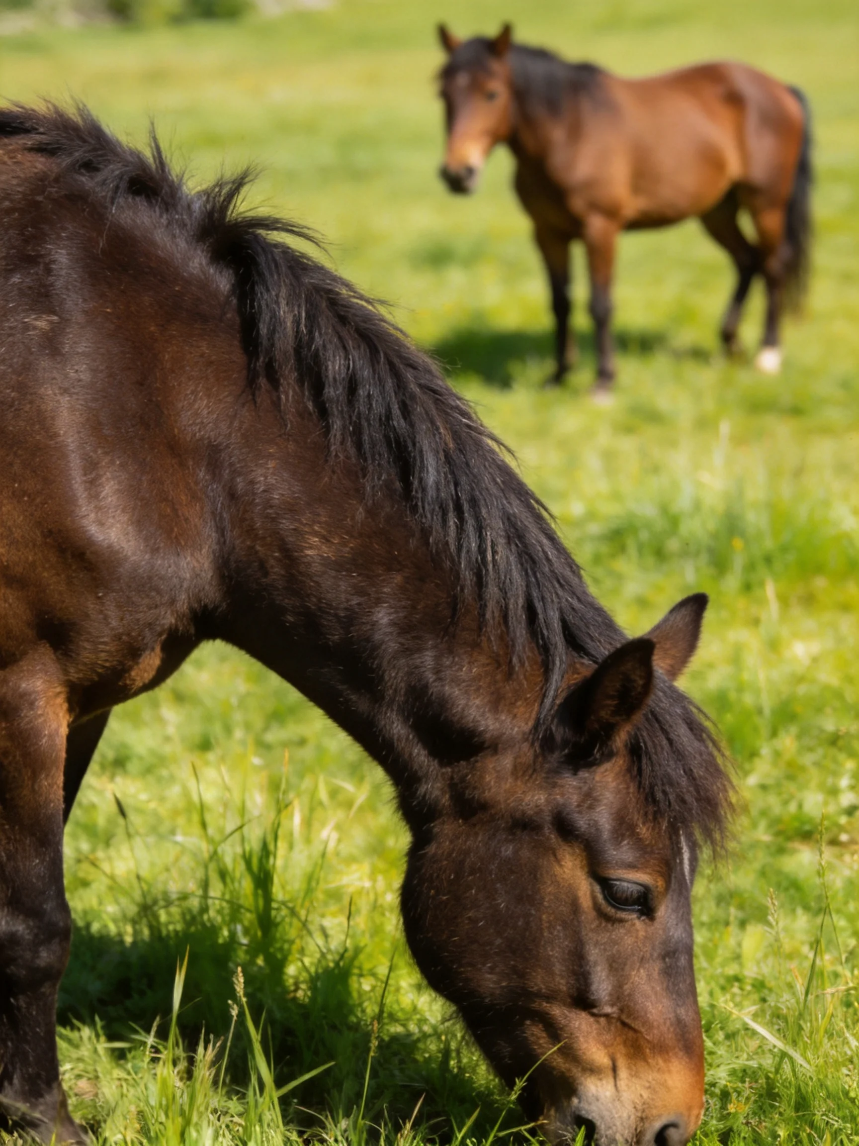 Two brown horses graze in a sunlit green meadow.
