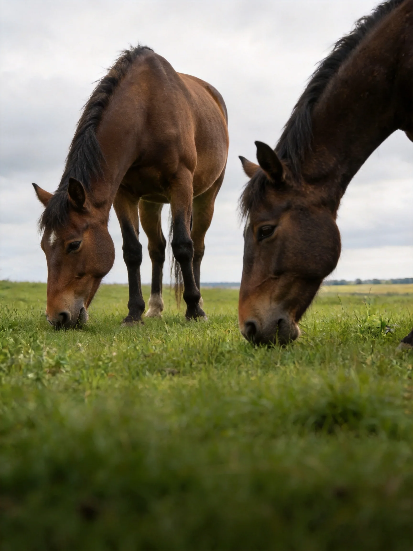 Two brown horses graze in a lush green meadow under an overcast sky