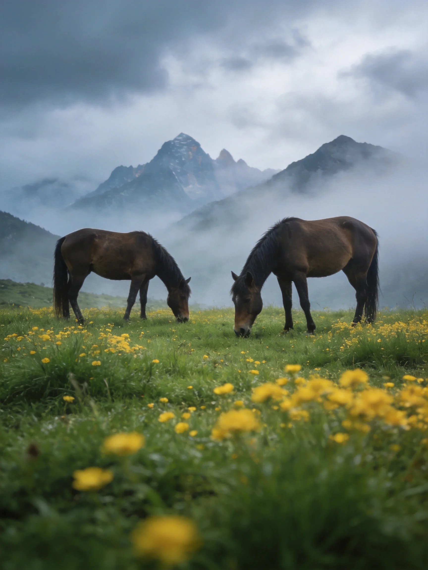 Two brown horses graze in a misty mountain meadow with yellow wildflowers