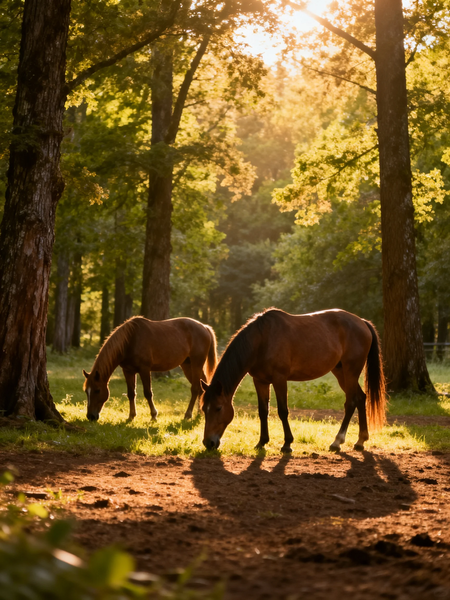 Two brown horses graze in a sun-drenched forest clearing