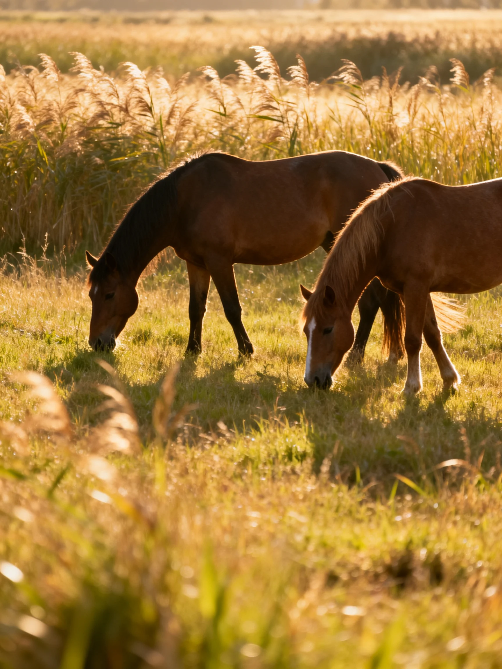 Two brown horses graze peacefully in a sunlit meadow.