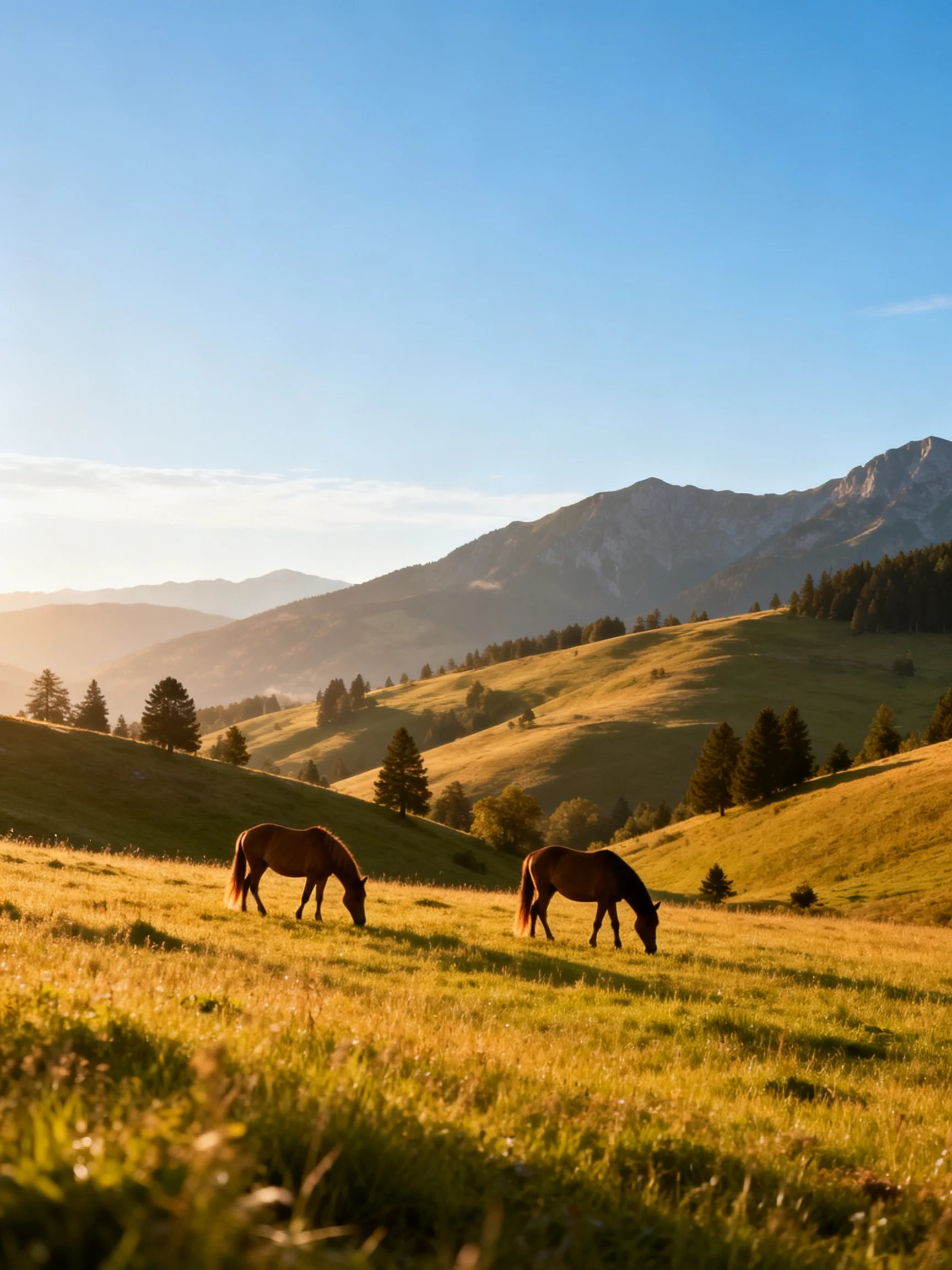 Two horses graze in a sunlit meadow with hills and mountains nearby