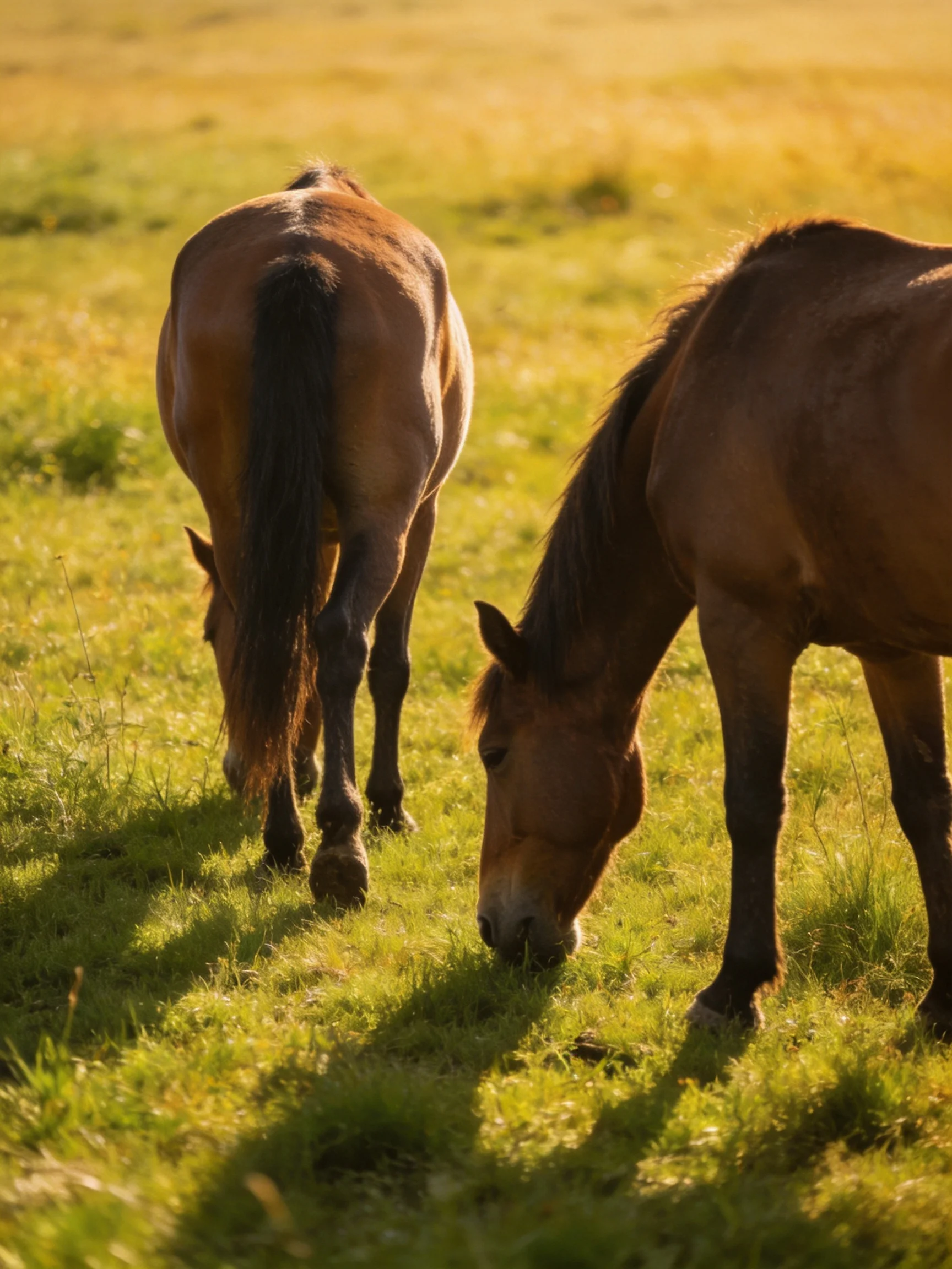 Two brown horses graze in a sunlit green meadow