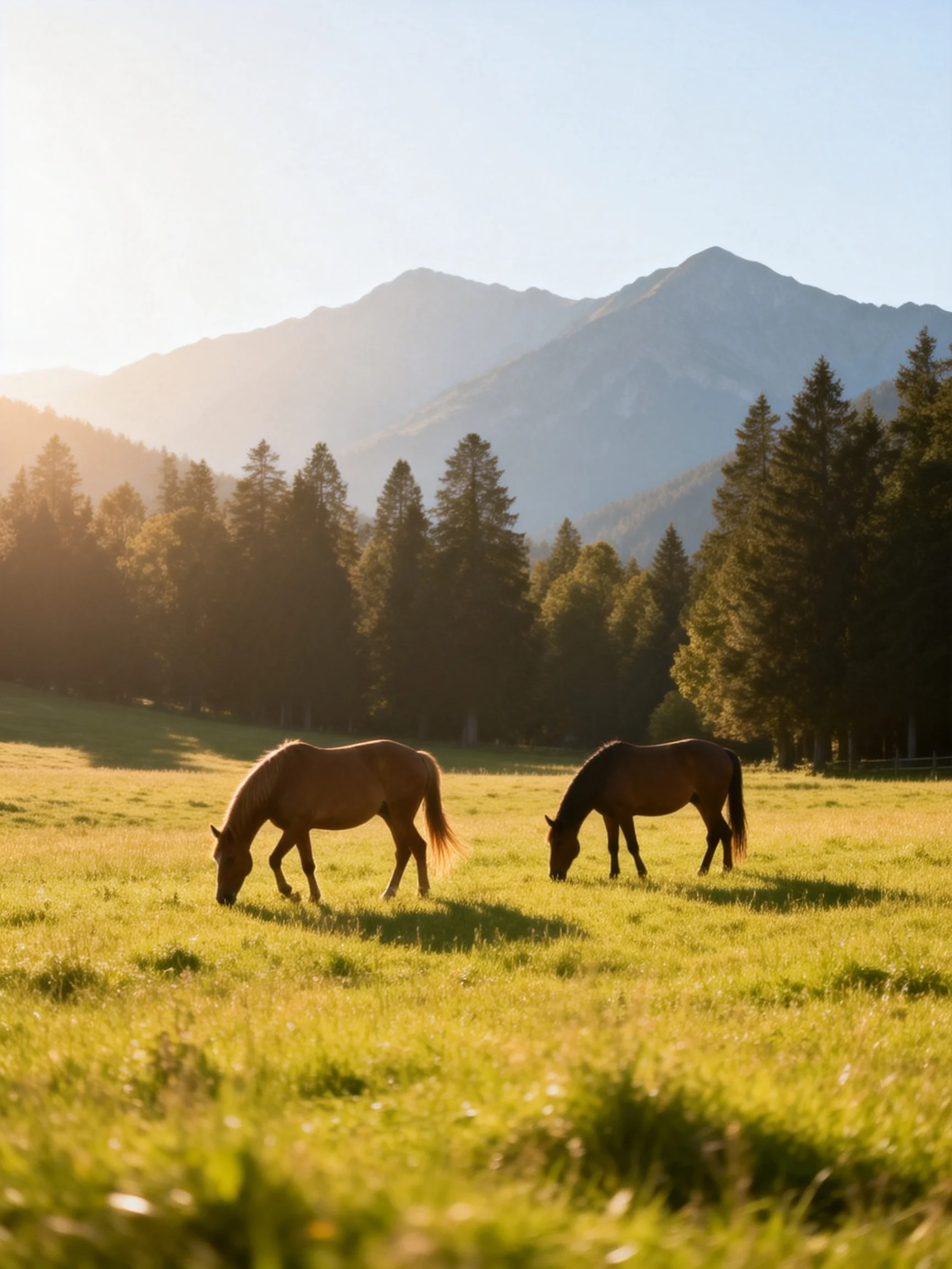Two brown horses graze in a sunlit green meadow near forested mountains