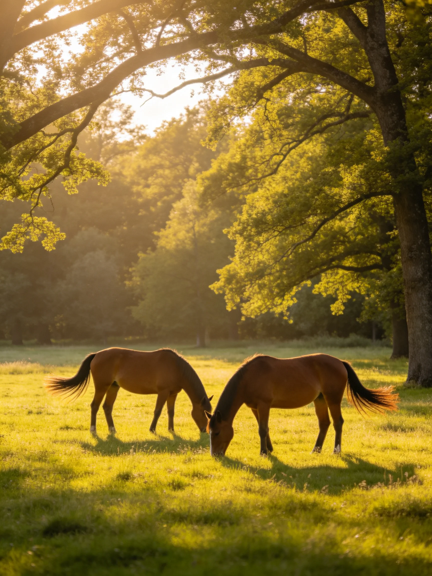 Two brown horses graze in a sunlit meadow with large trees nearby.