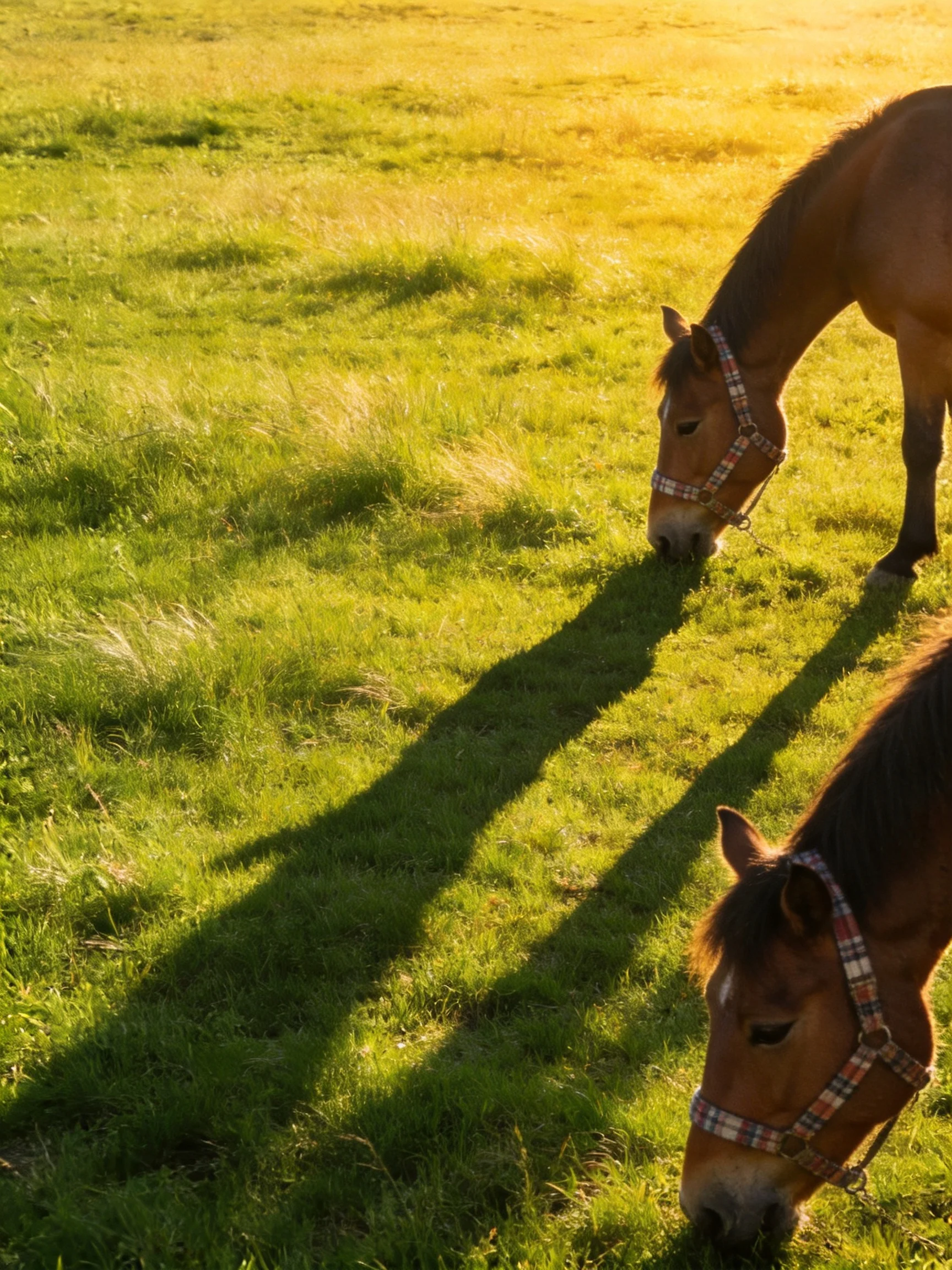 Two brown horses eat grass in a sunlit meadow with long shadows
