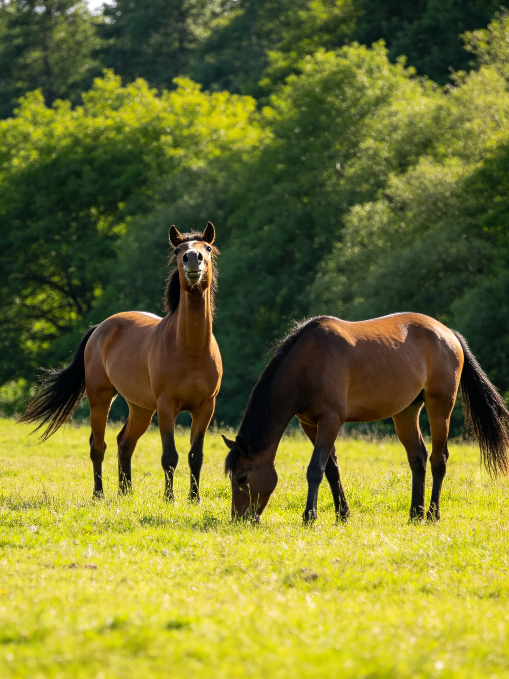 Two brown horses graze in a sunlit green meadow with lush trees