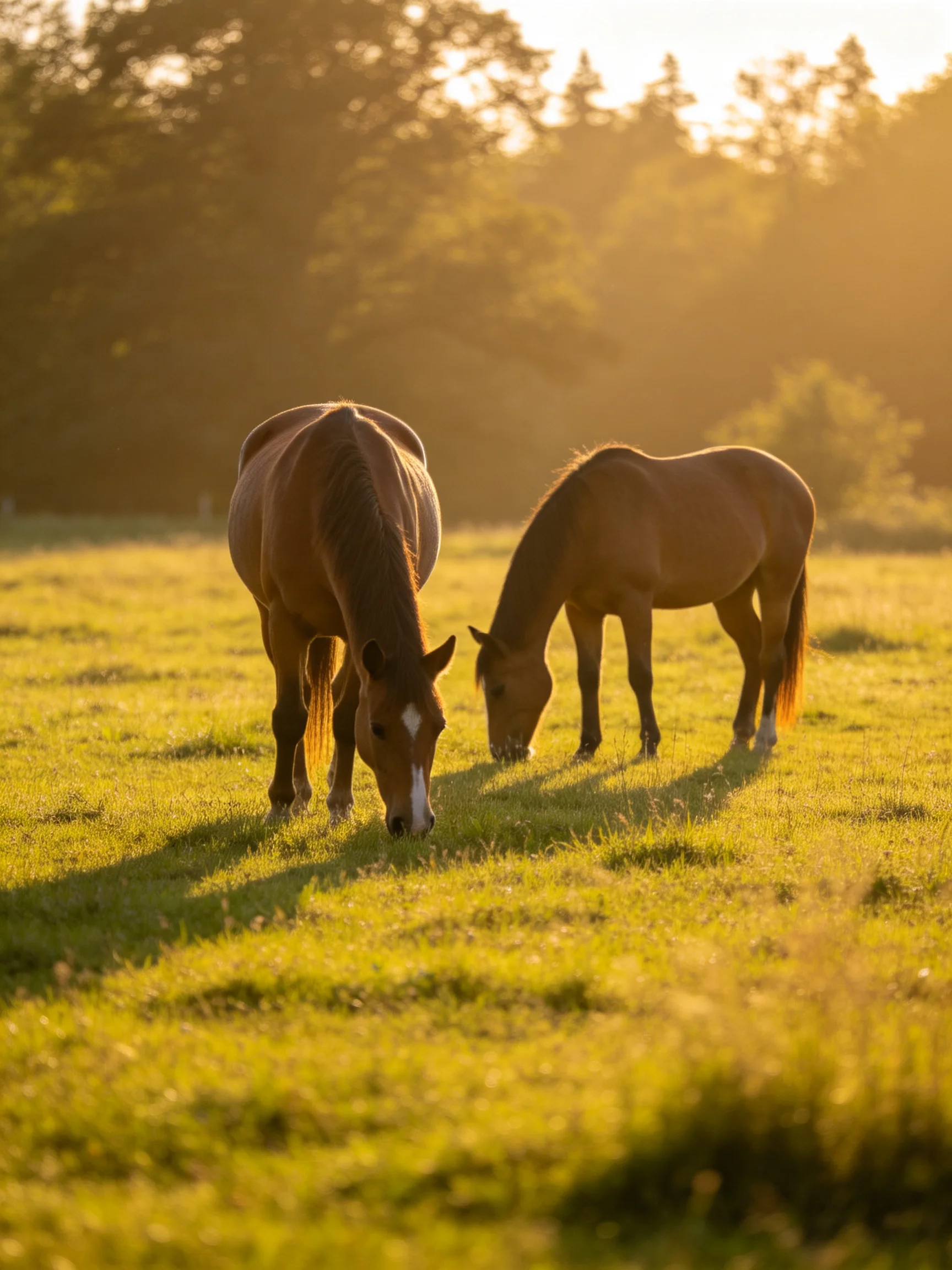 Two brown horses graze in a sunlit field.
