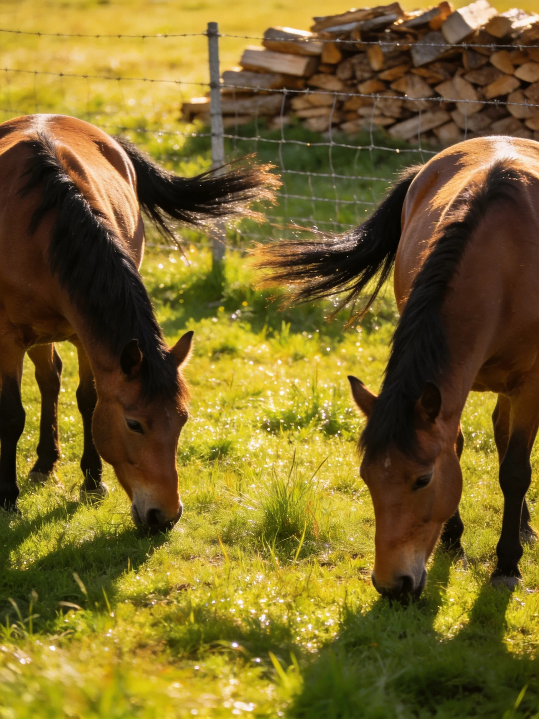 Two brown horses graze in a sunlit green pasture near stacked firewood.