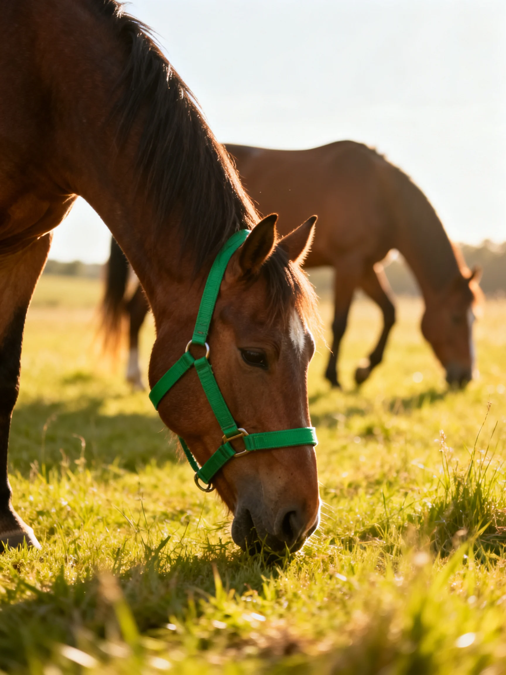 Two brown horses graze in a sunlit meadow