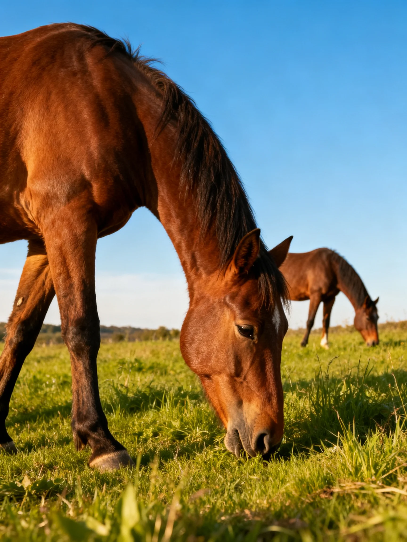 Two brown horses graze in a vibrant green pasture under a clear blue sky