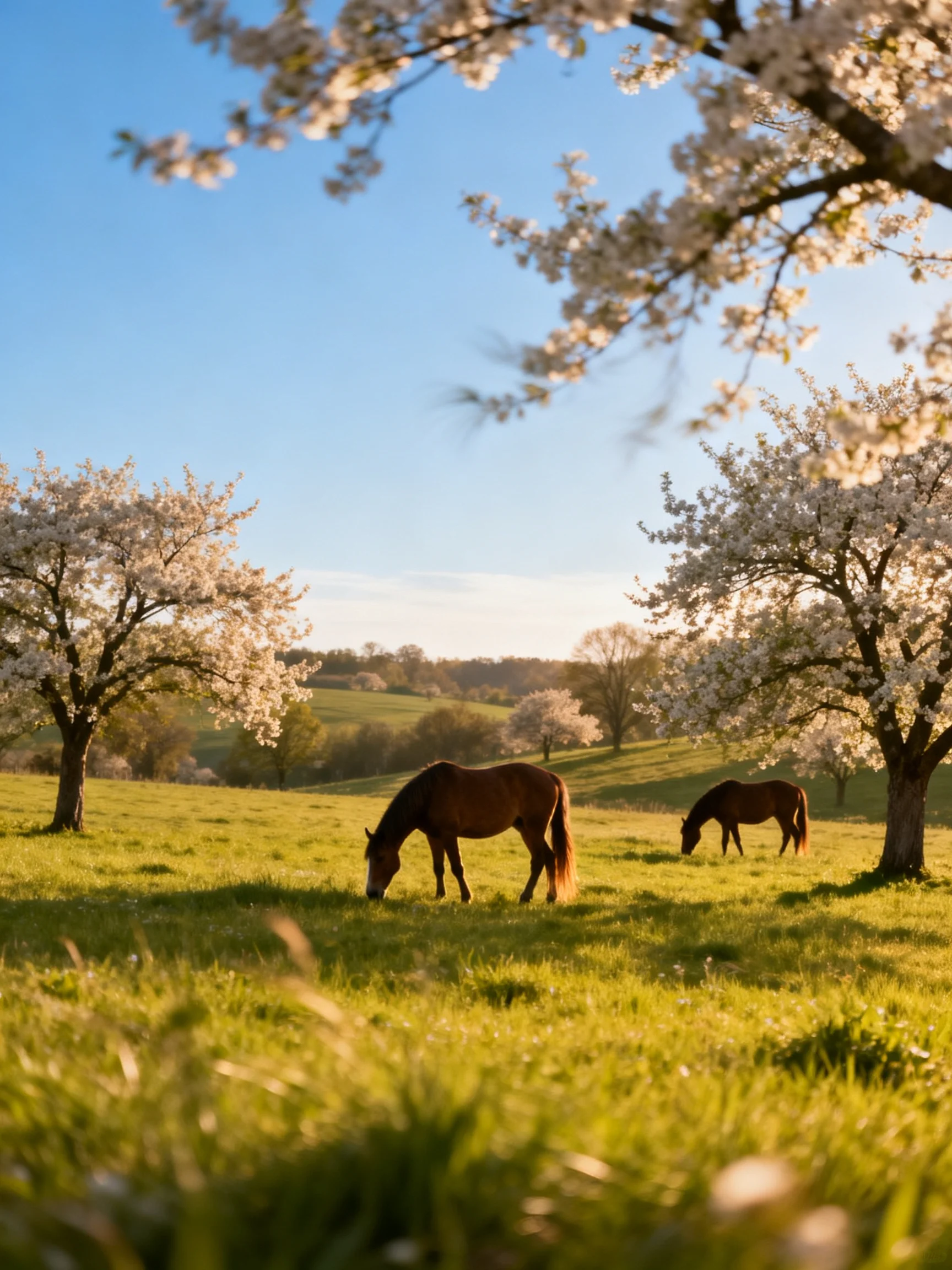 Two brown horses graze near blooming white trees in a sunny meadow