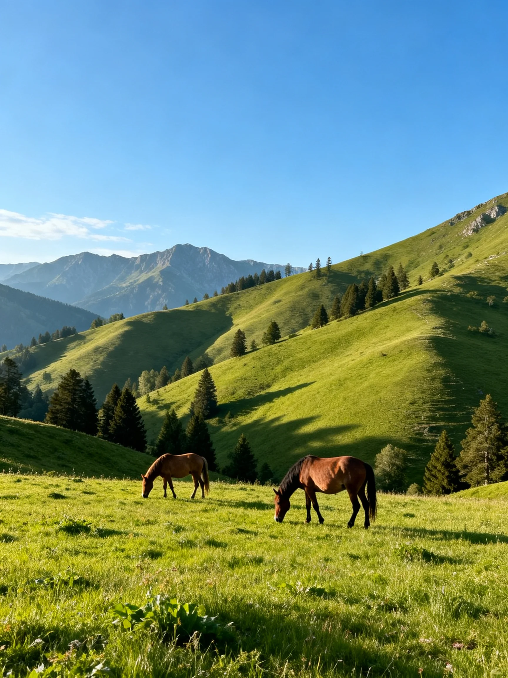 Two brown horses graze on a lush green hillside beneath clear blue skies