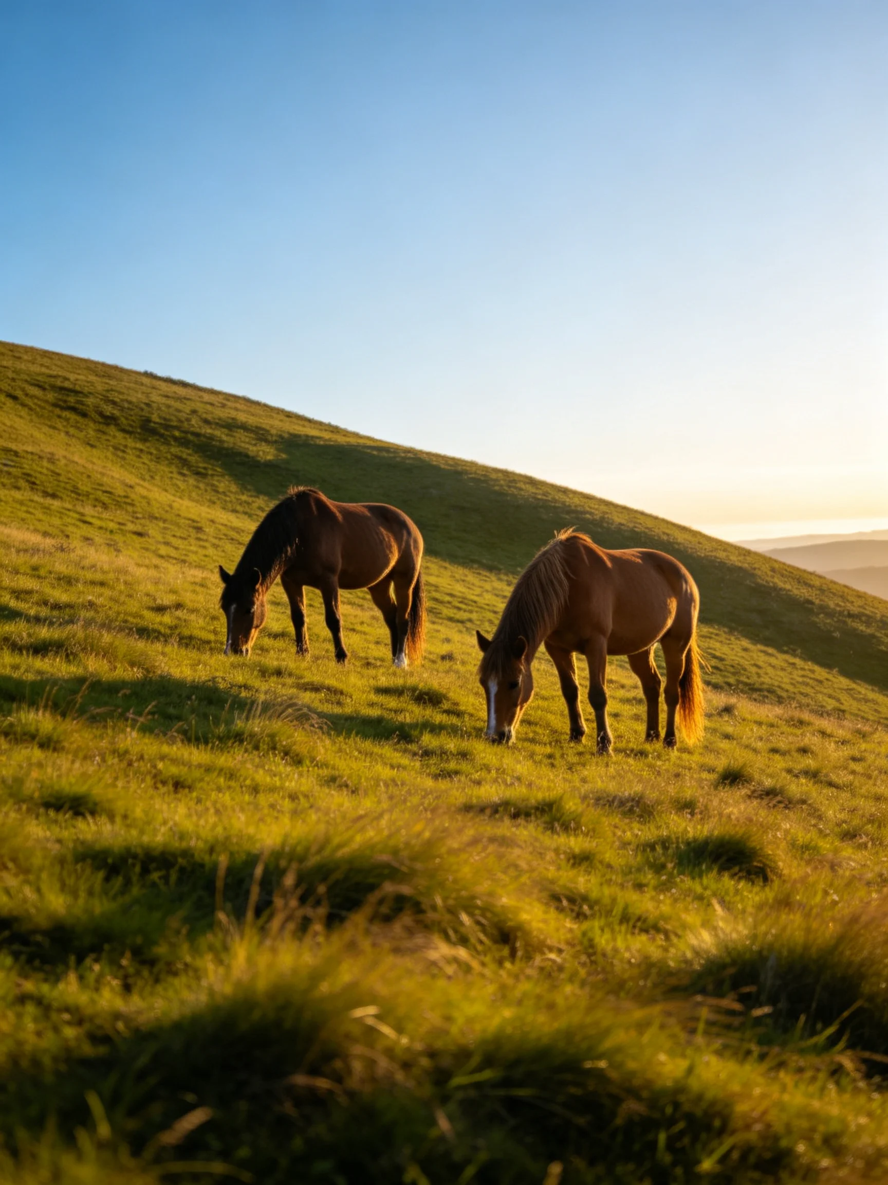Two brown horses graze on a sunlit green hillside