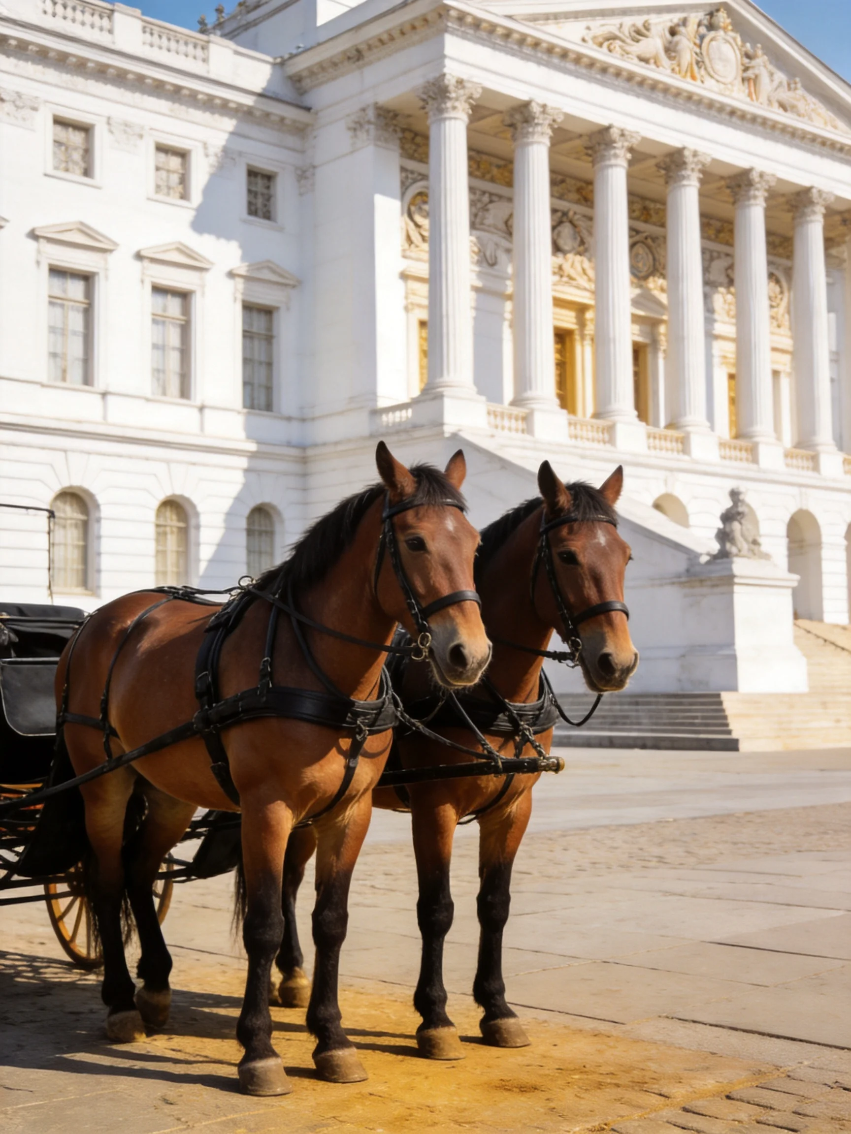 Two brown horses harnessed beside a grand white neoclassical building