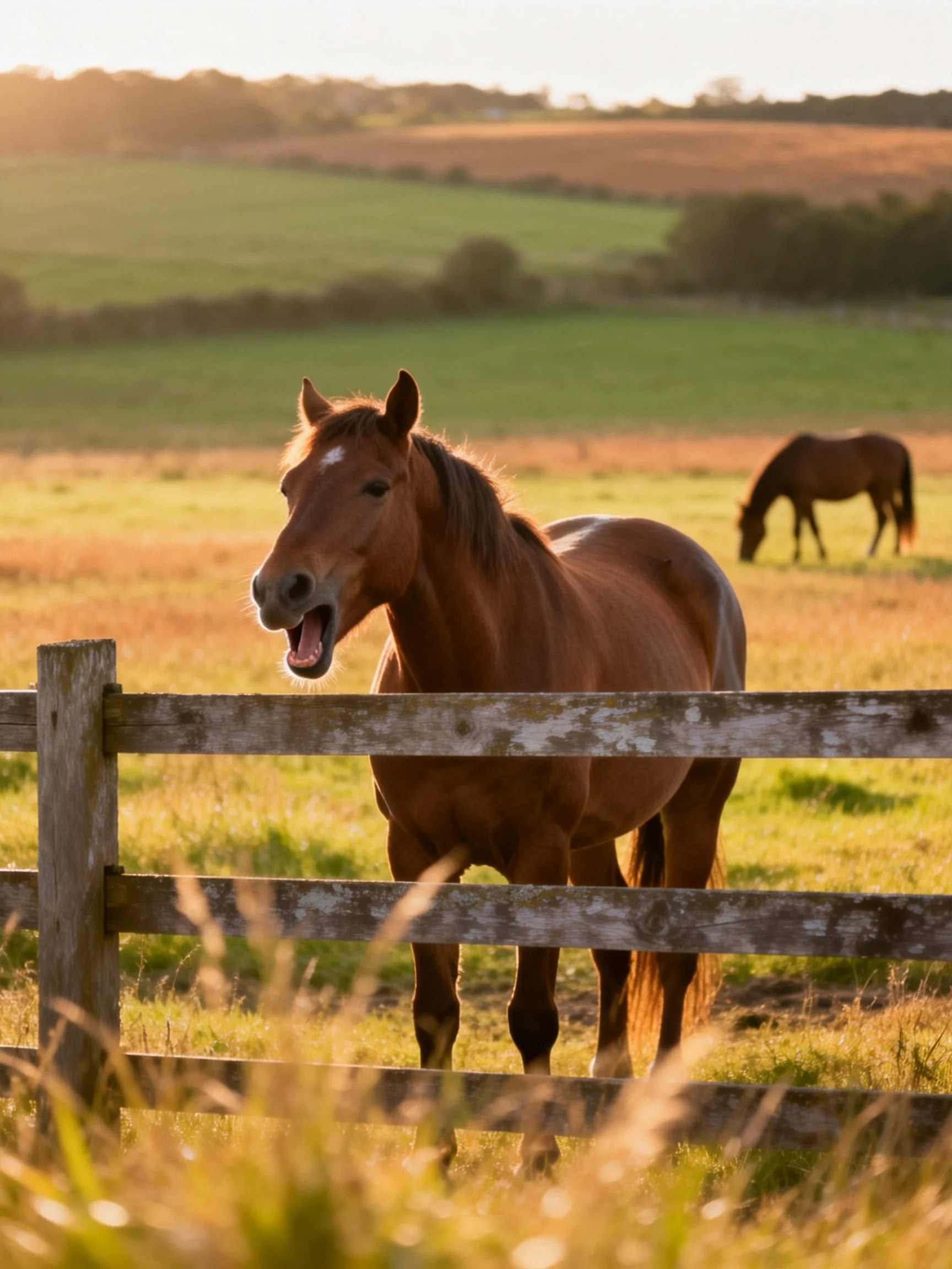Two brown horses in a golden field beside an aged wooden fence