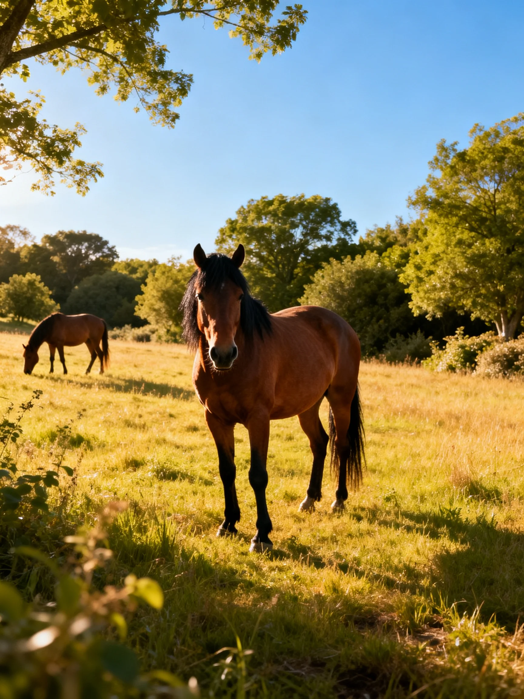 Two brown horses in a sun-drenched golden meadow with green trees