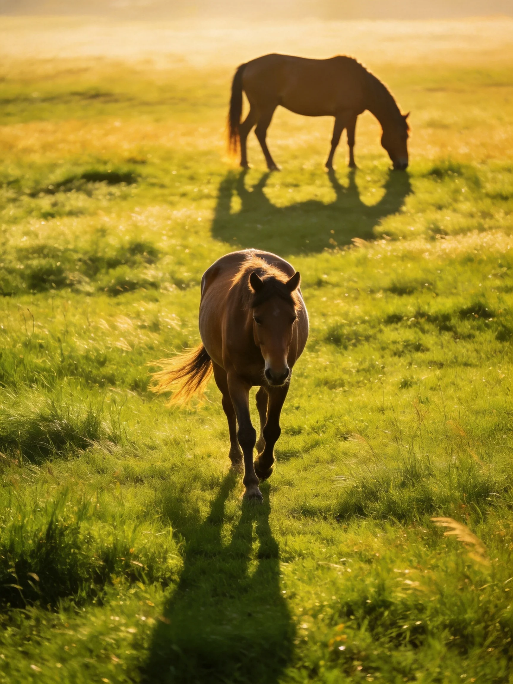Two brown horses in a sun-drenched green meadow