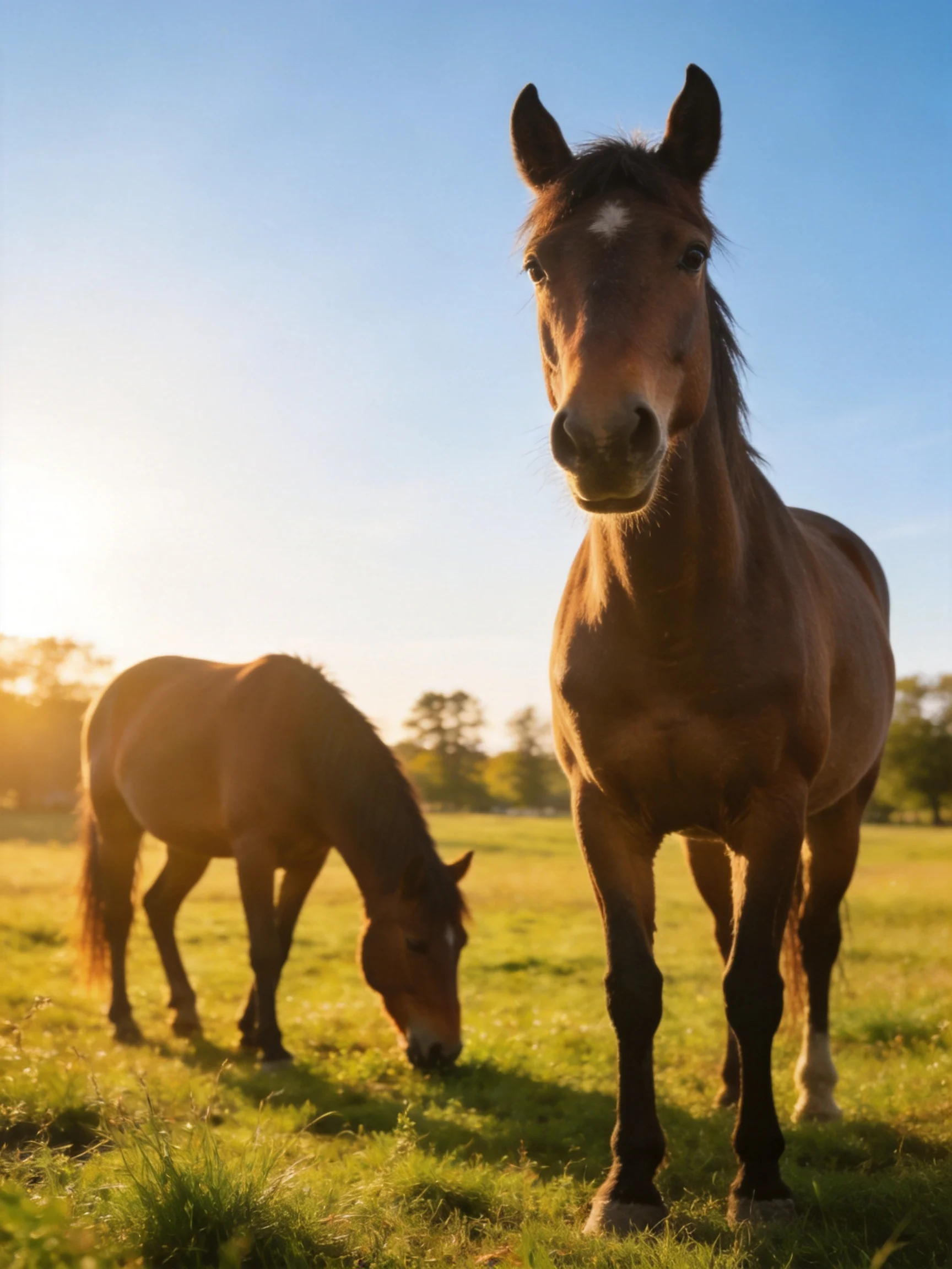 Two brown horses in a sunlit meadow, one grazing, one facing forward.
