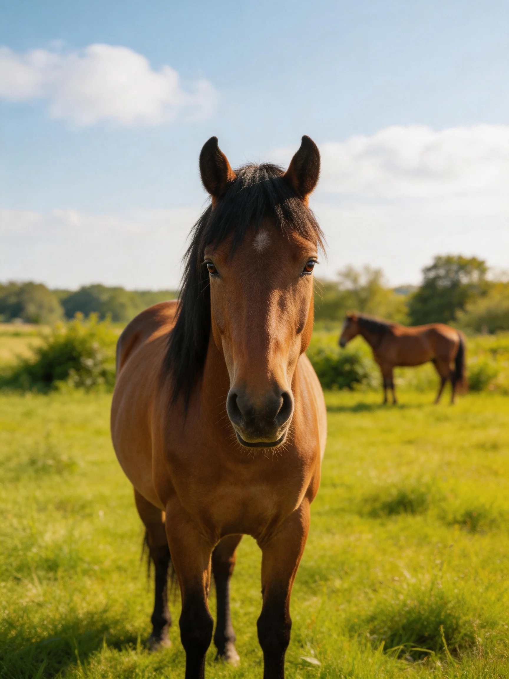 Two brown horses in a sunlit green pasture