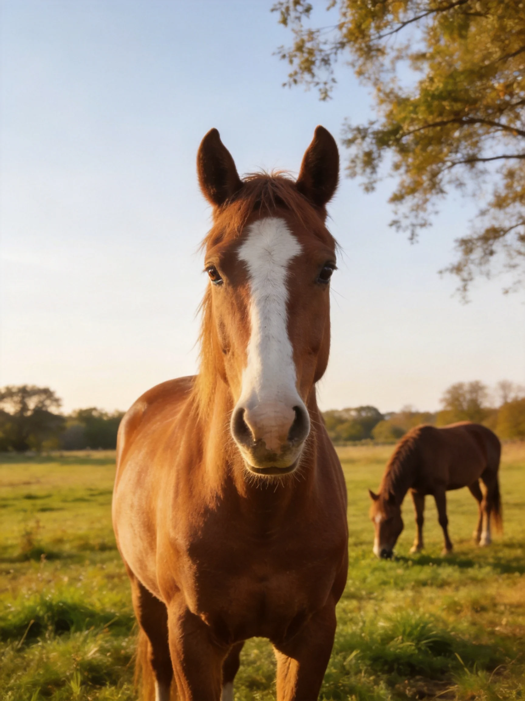 Two brown horses in a sunlit field, one facing forward, the other grazing.