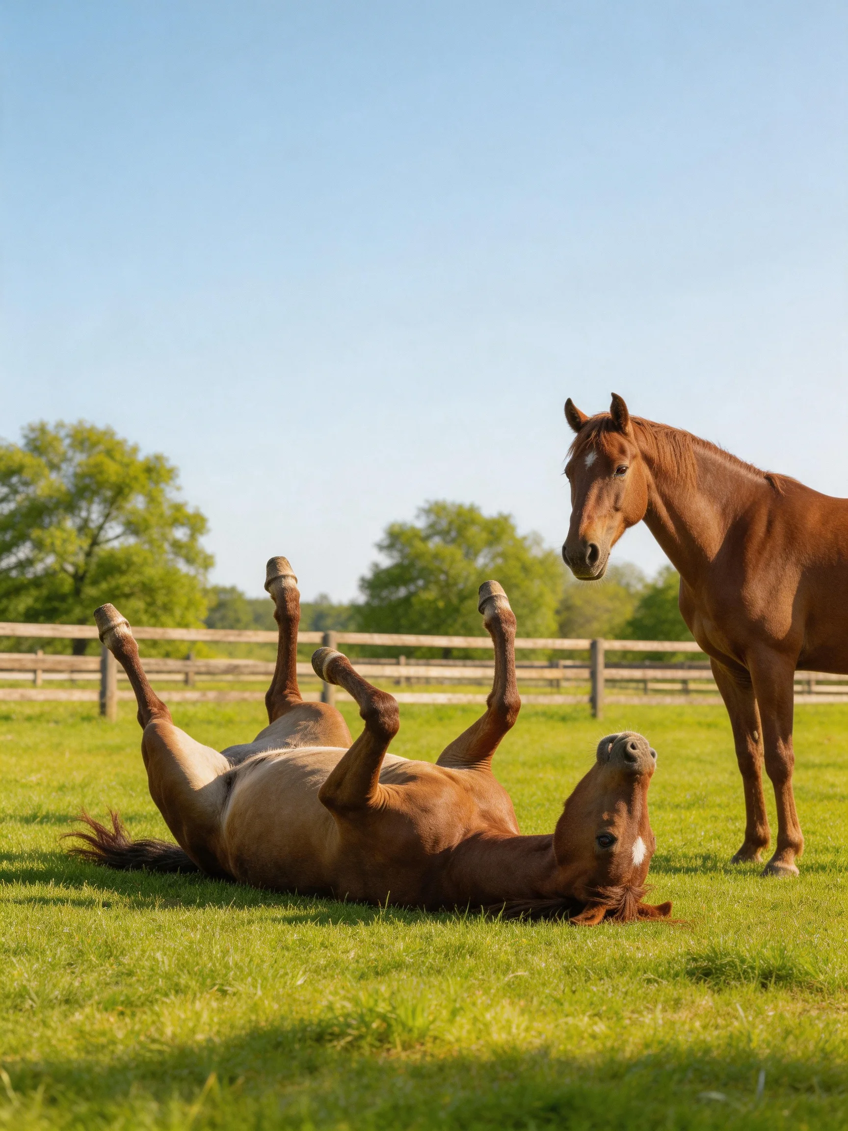 Two brown horses in a sunny green pasture, one rolling, one standing