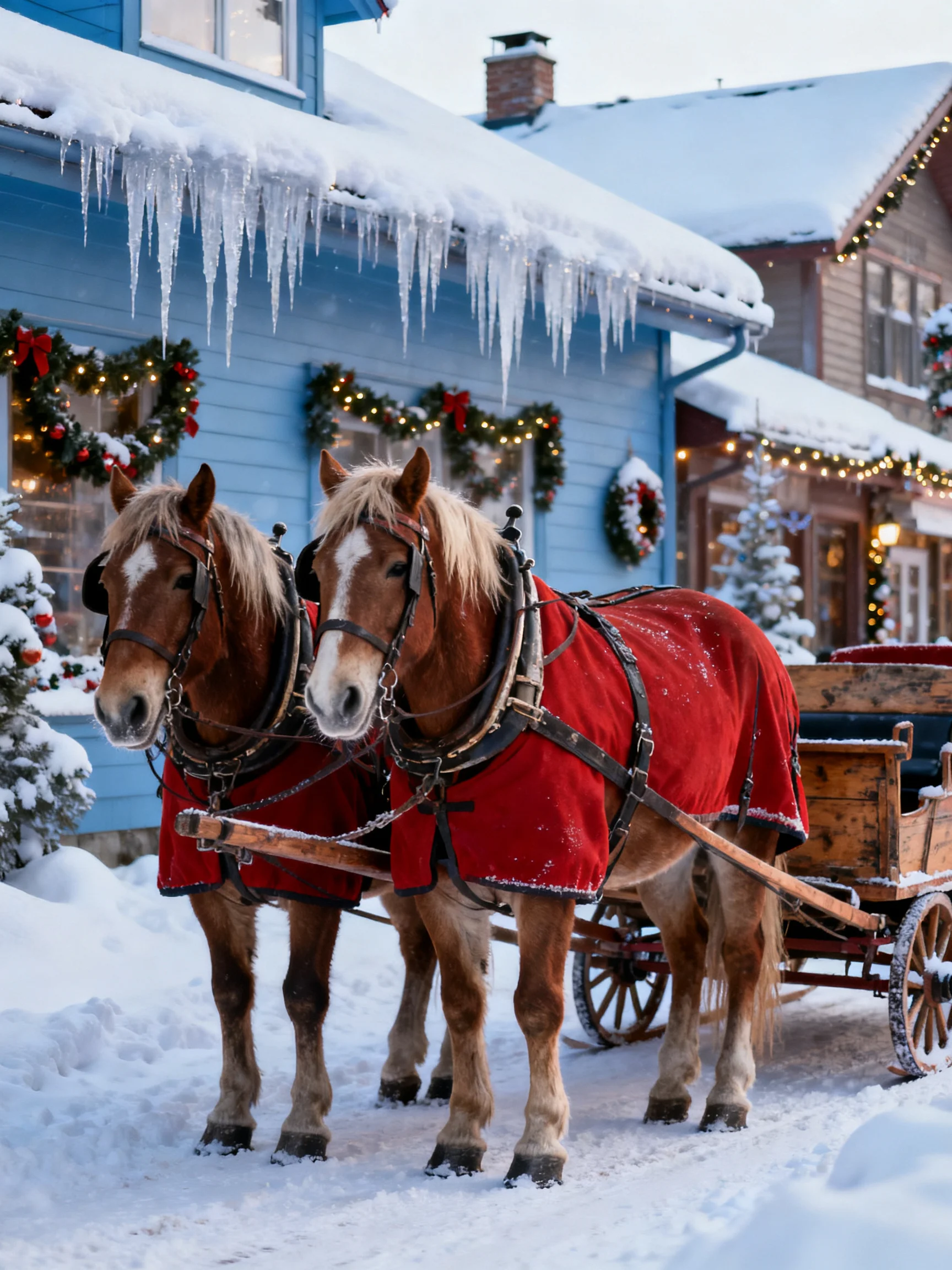 Two brown horses in red blankets near snow-covered cottages