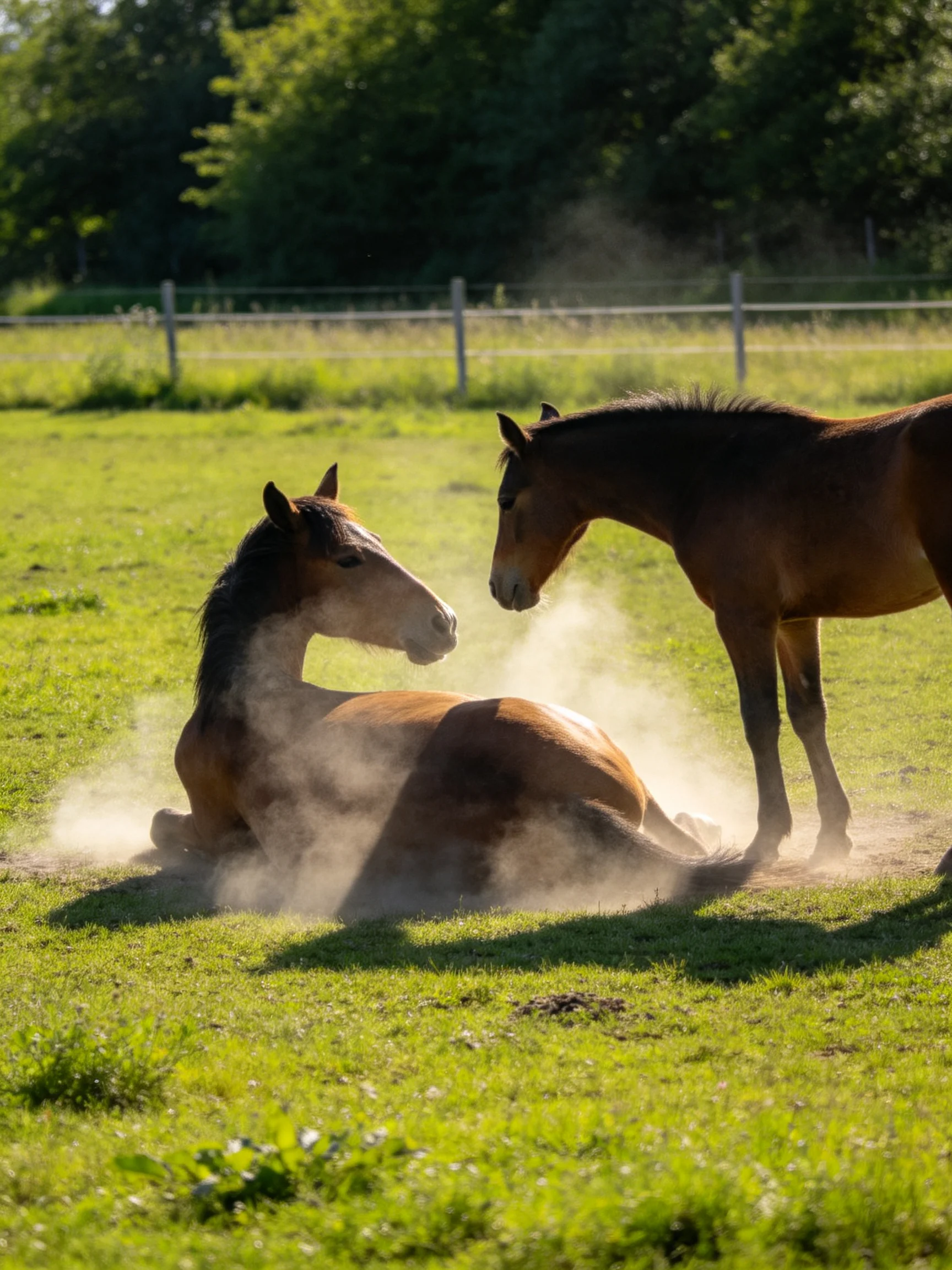 Two brown horses interact amid dust clouds in a sunlit pasture