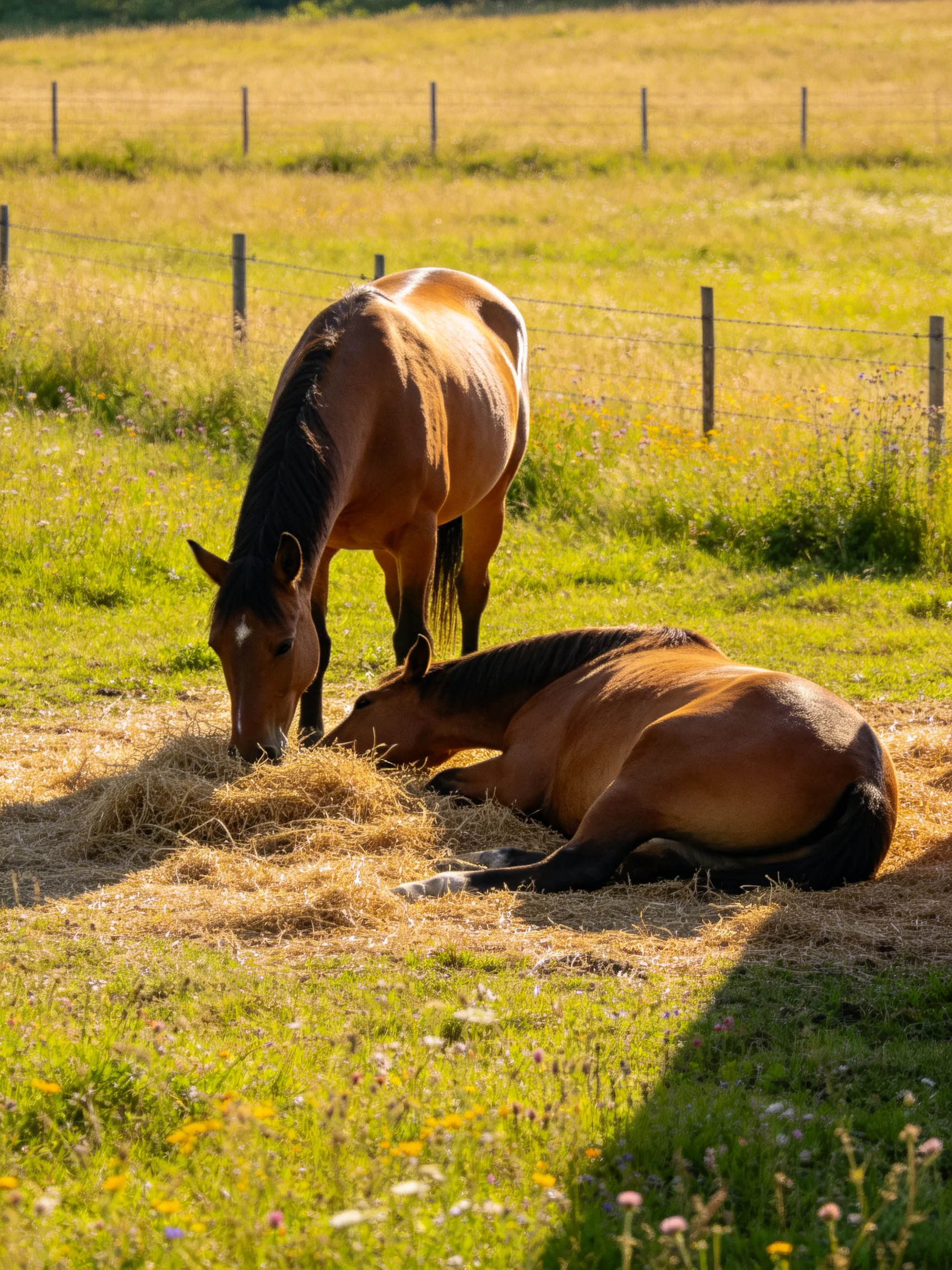 Two brown horses near hay in a sunlit fenced field