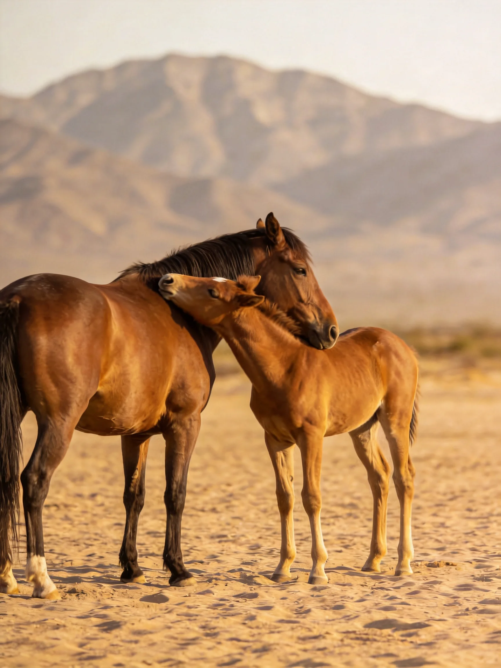 Two brown horses nuzzle in a sandy desert landscape