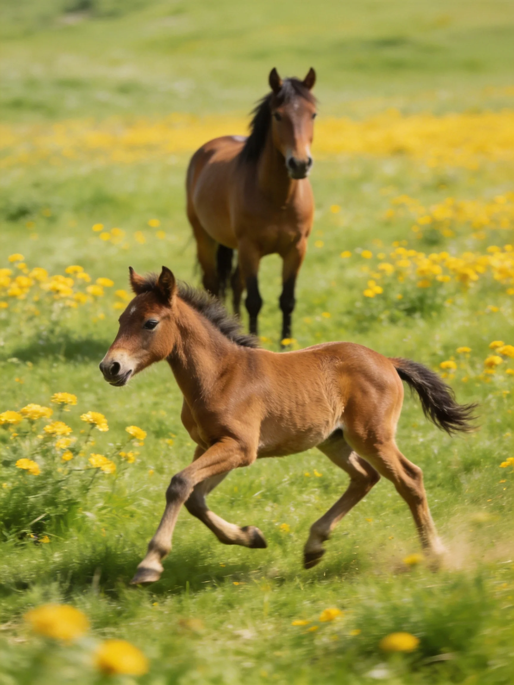 Two brown horses, one foal, in a yellow-flowered meadow